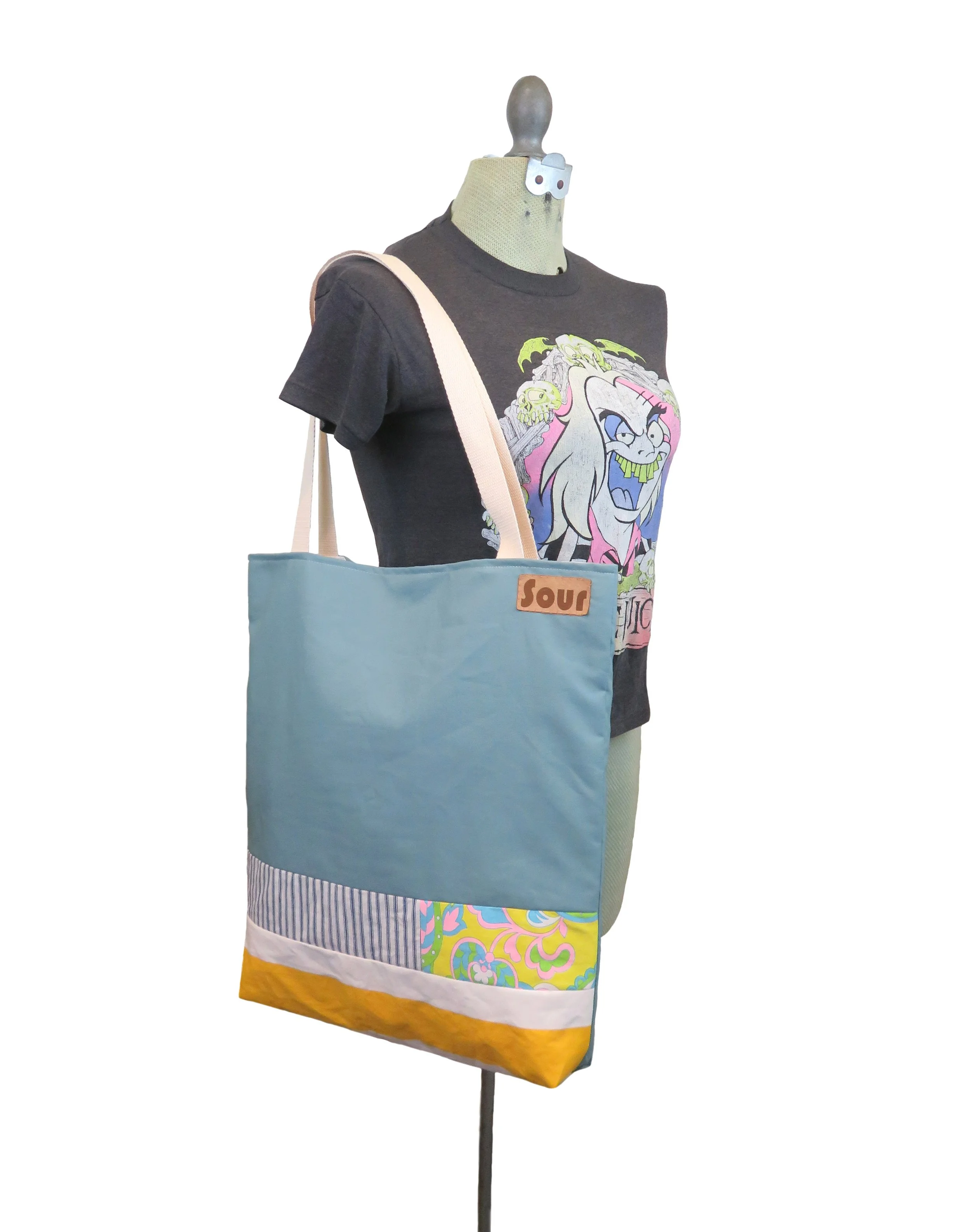 Bitter Sweet// Blue Sage, Vintage Psychedelic print, Blue stripe and Yellow Stripe Tote Bag