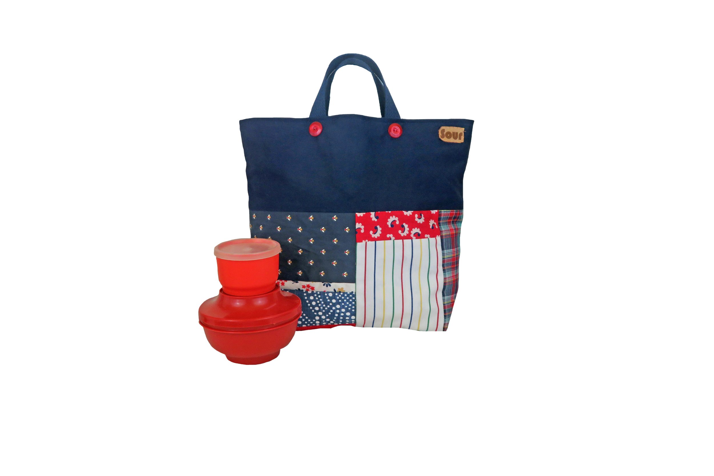 Bitter Sweet// Dark Navy Blue, Bee Print, Vintage Paisley and Plaid Patchwork Lunch Tote