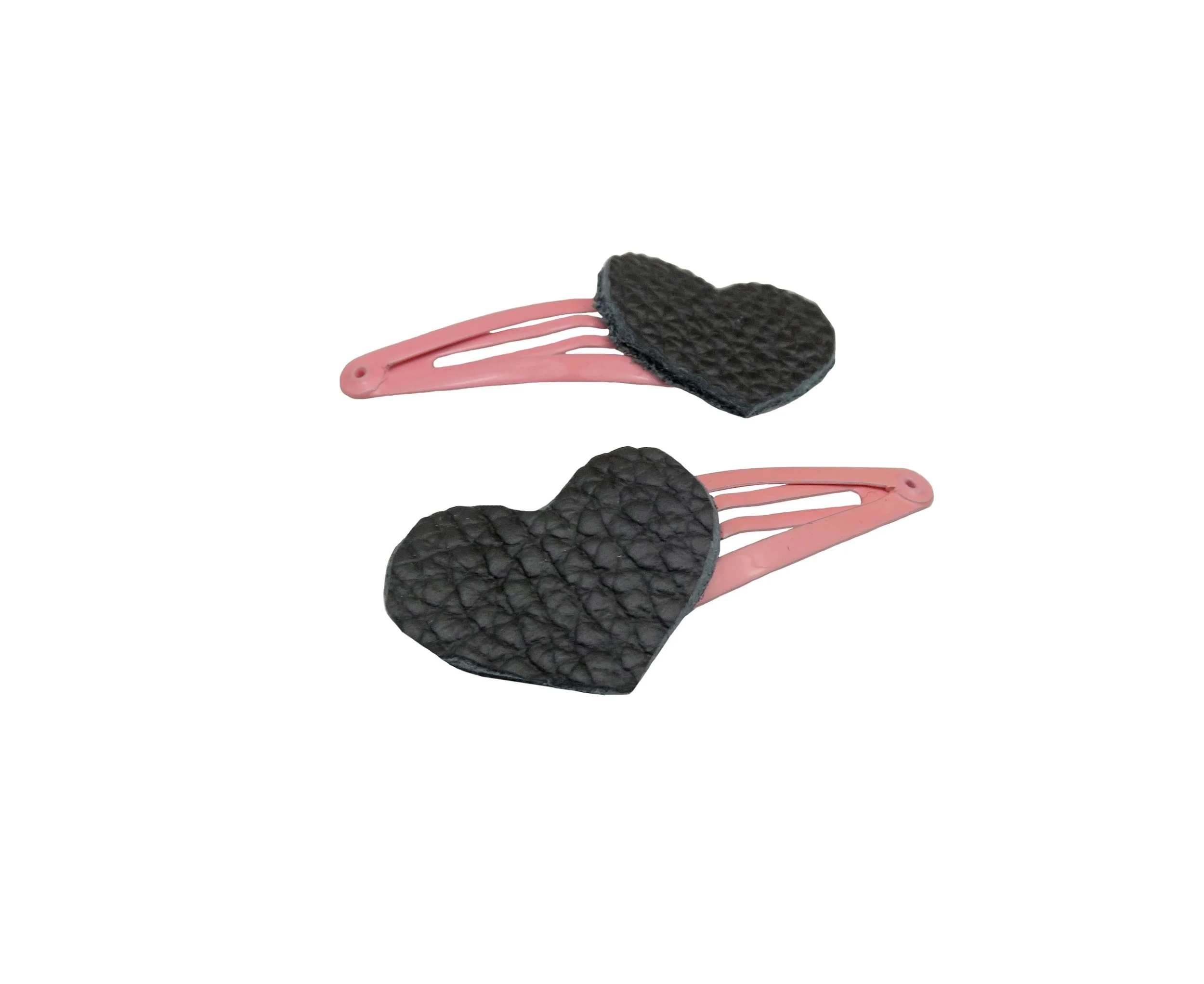 Not So Fancy// Handcut Upcycled Black Leather Heart On Pink Blush Hair Clips