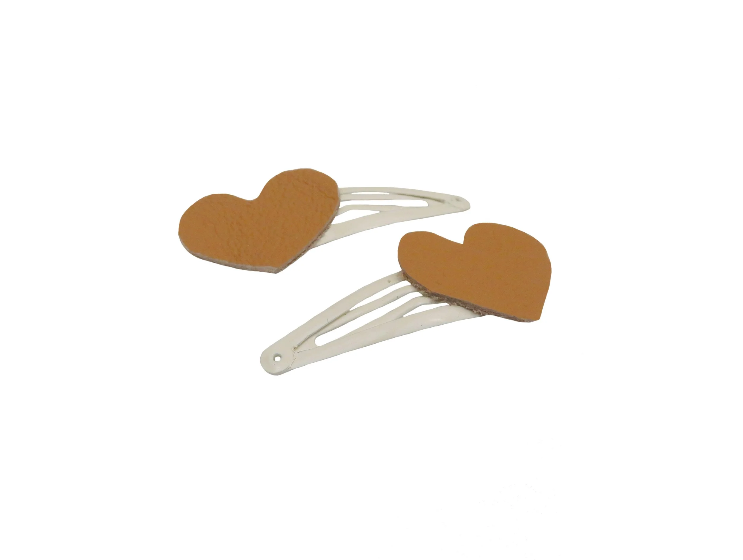 NOT SO FANCY// HANDCUT UPCYCLED TAN LEATHER HEART ON CREAM HAIR CLIPS