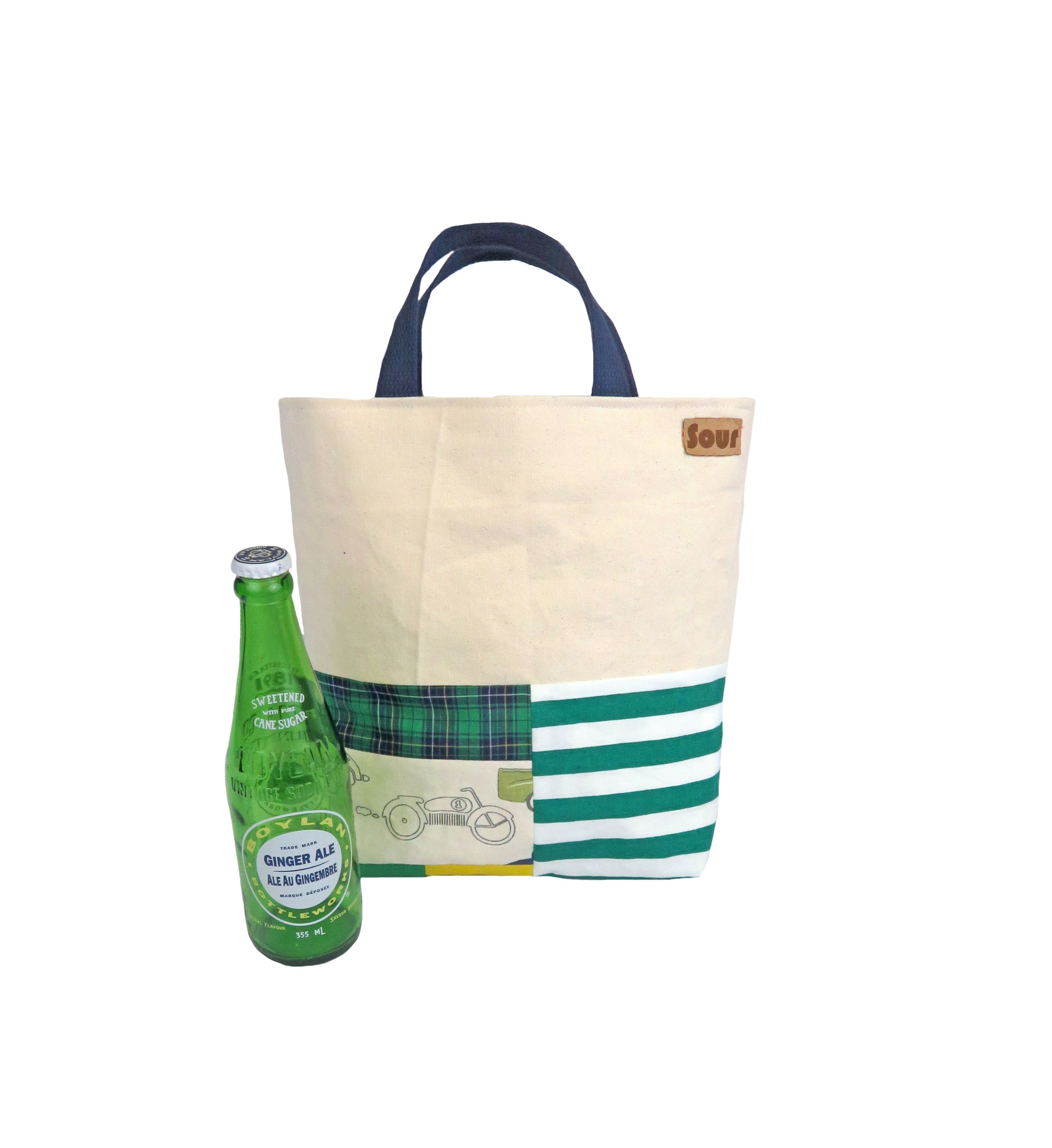 Bitter Sweet// Natural White Canvas, Car/Motorcycled Print and Patchwork Lunch Tote