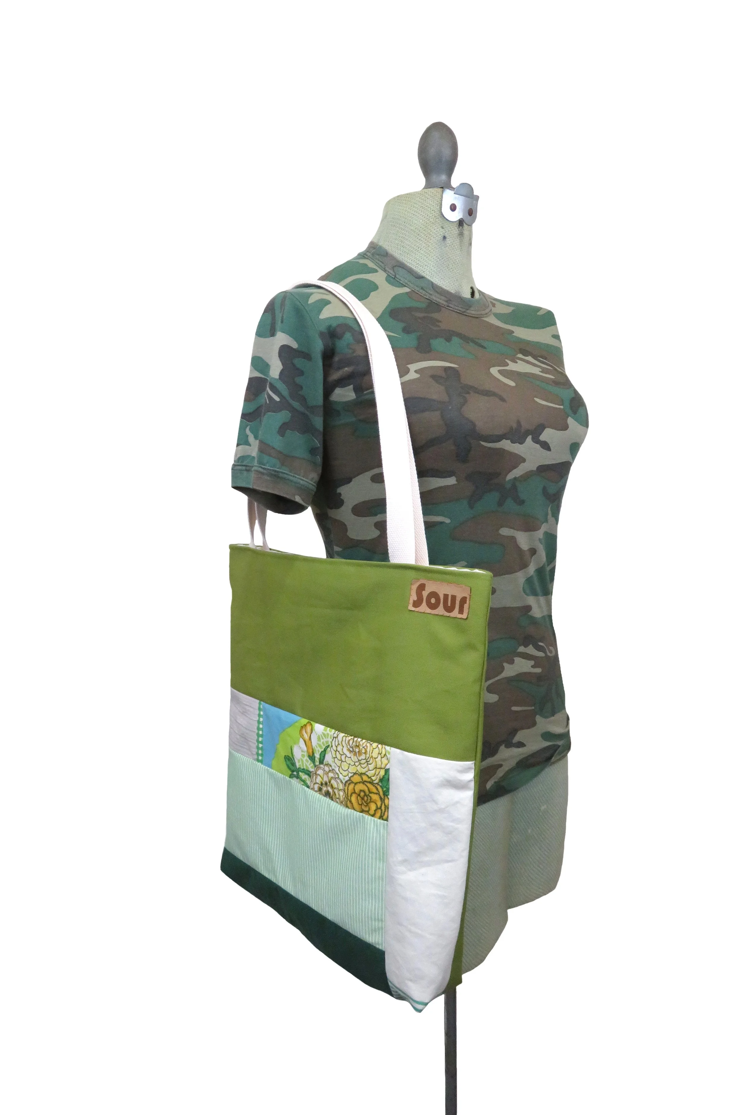 Throwing Shadows// Olive Green Canvas, Vintage Floral, Green Striped Patchwork Tote Bag
