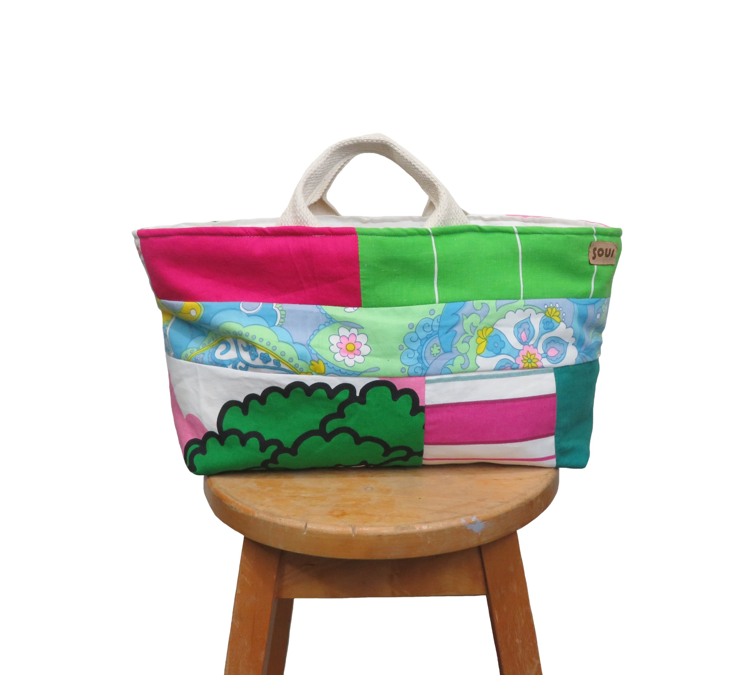 (RESERVED for LIAM) Broccoli, Plaid, Retro Floral and Patchwork Fabric Basket