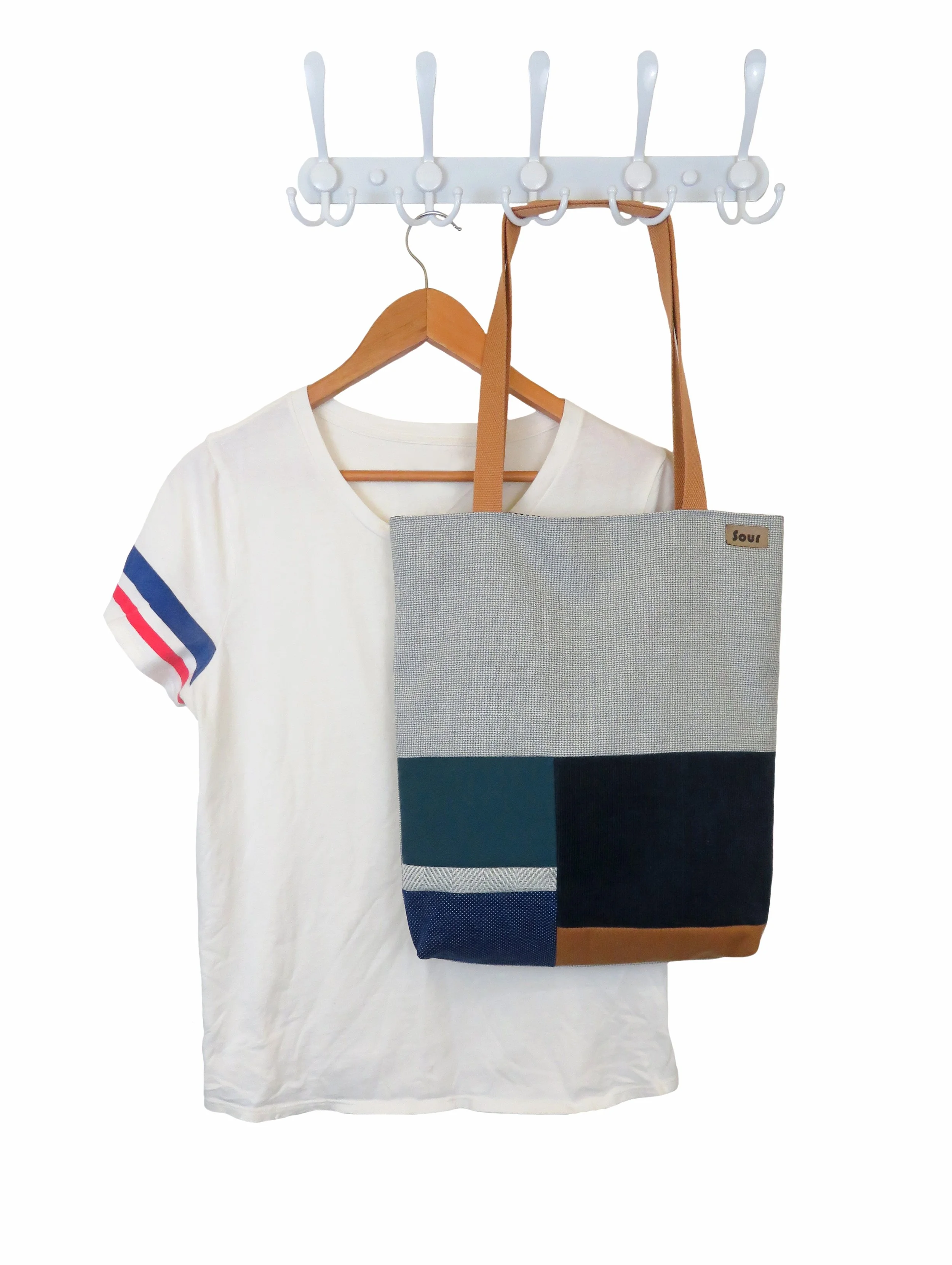 All Tied Up On The Inside// Gray Houndstooth, Navy Corduroy, Polka Dot, Teal and Amber Tote Bag