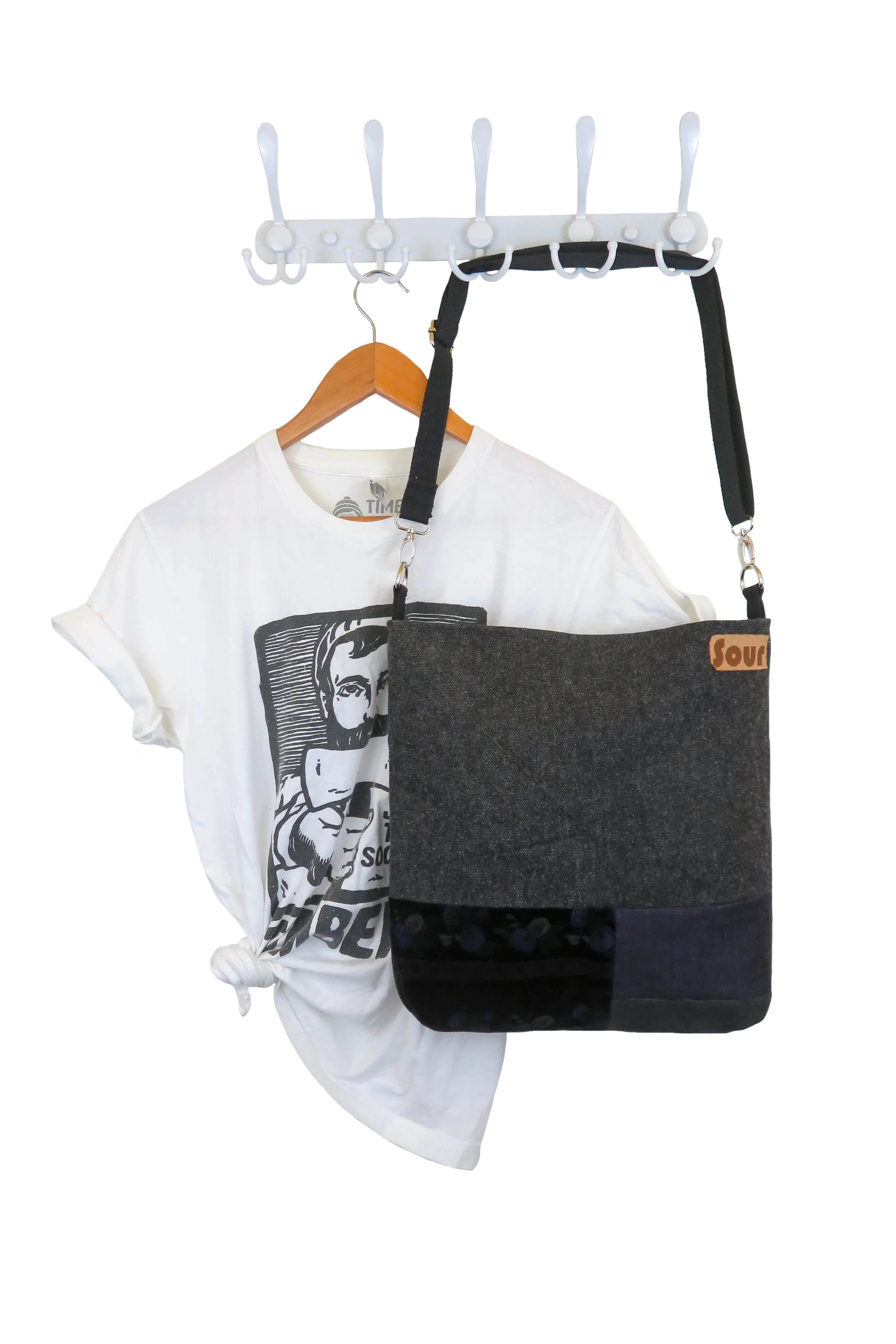 All Tied Up On The Inside// Faded Black Denim, Purple Denim, Corduroy and Floral Velvet Crossbody Bag