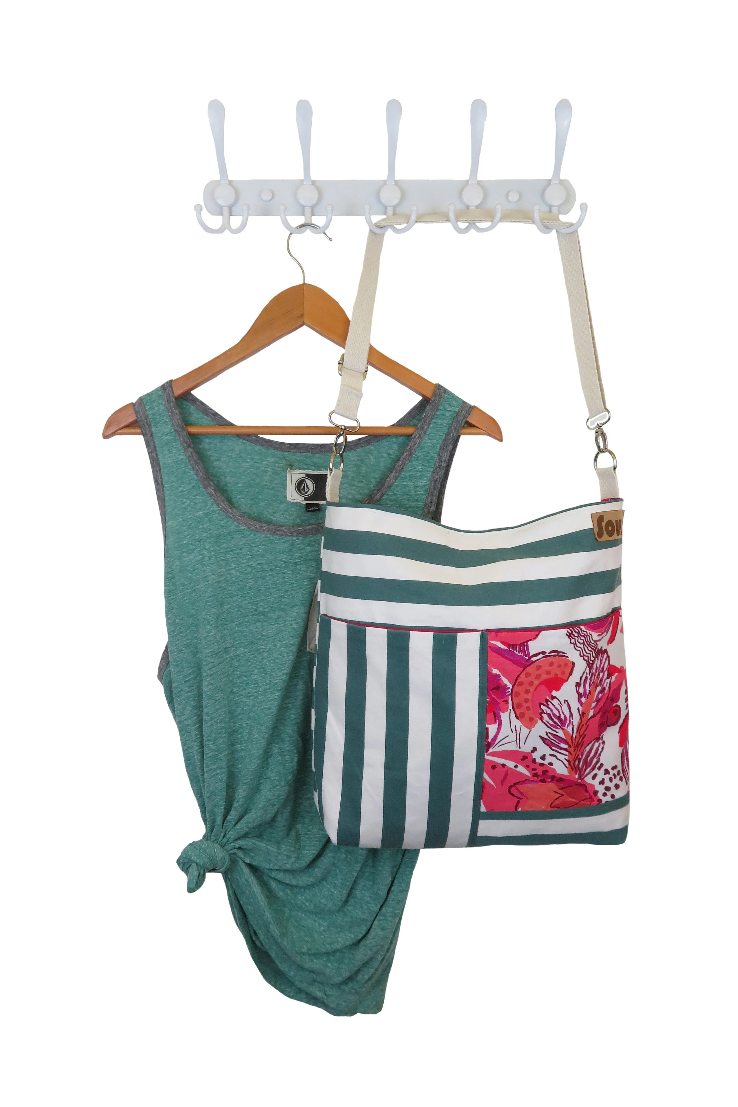 Everybody's All Right // Green Stripe and Hot Pink Floral Crossbody Bag with front pocket