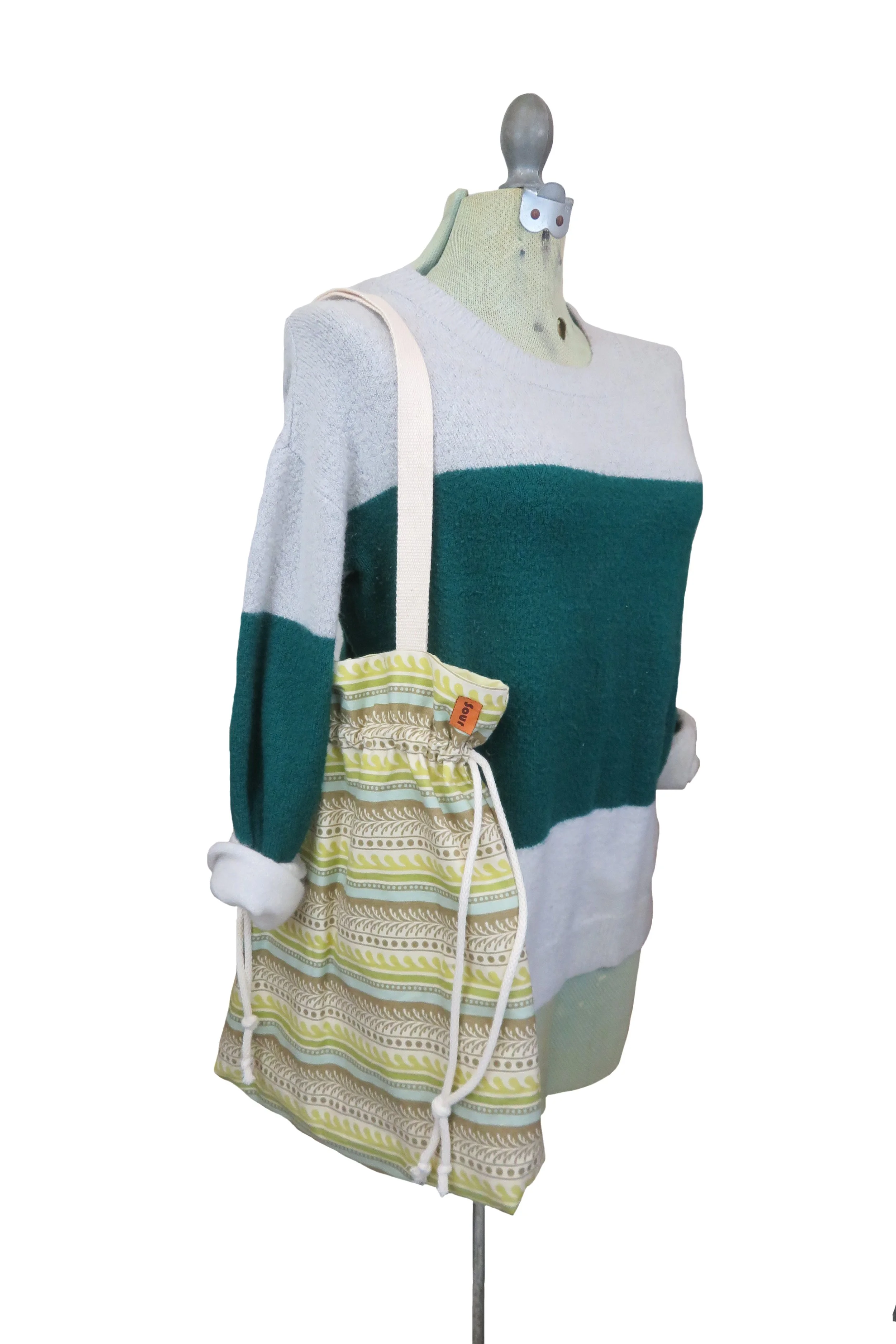 All Tied Up On The Inside// Green and Blue Print Drawstring Tote Bag