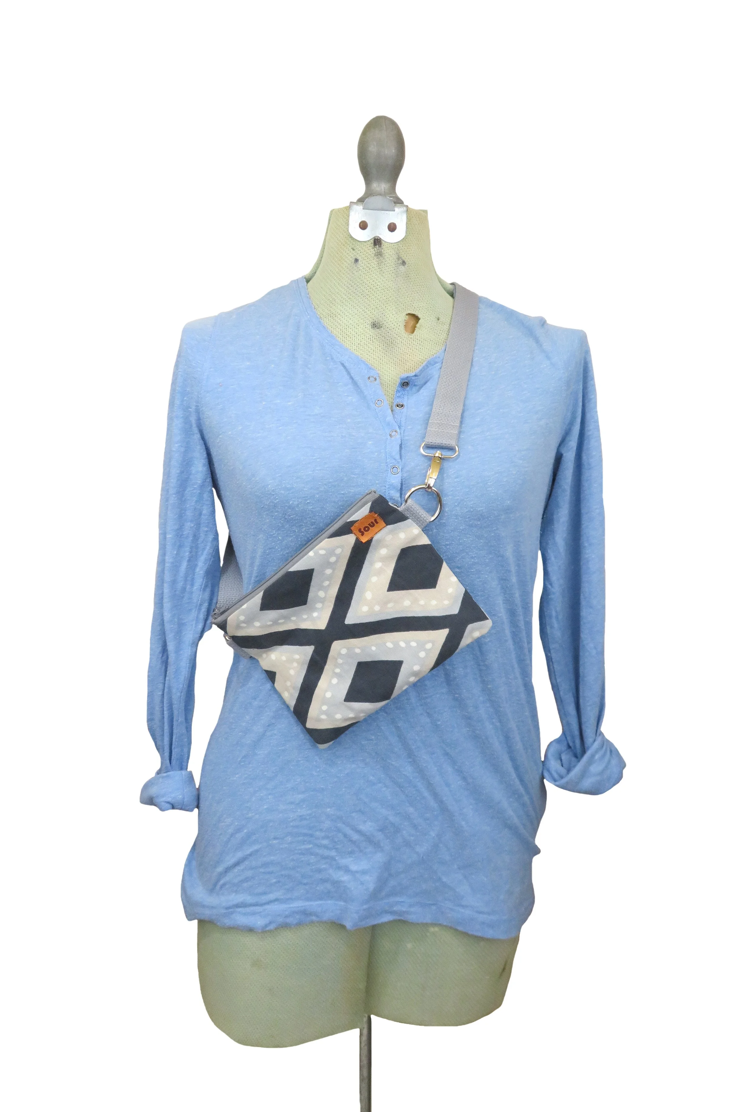 All Tied Up On The Inside // Gray and Blue Geometric Print Belt Bag