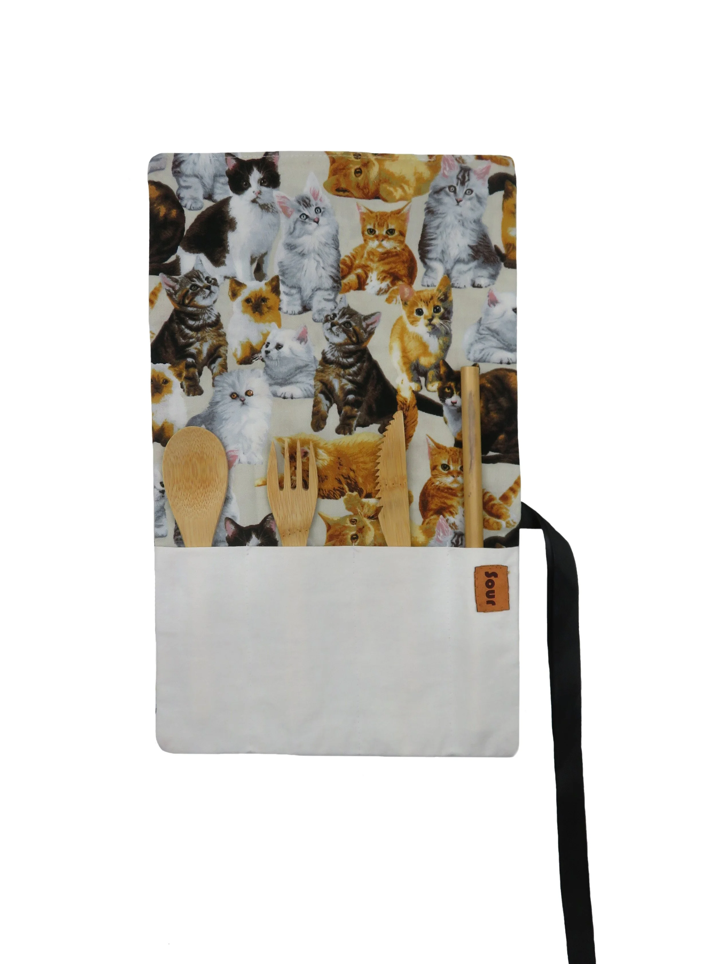 Everybody's All Right // Cat Print Cutlery Wrap with black ribbon