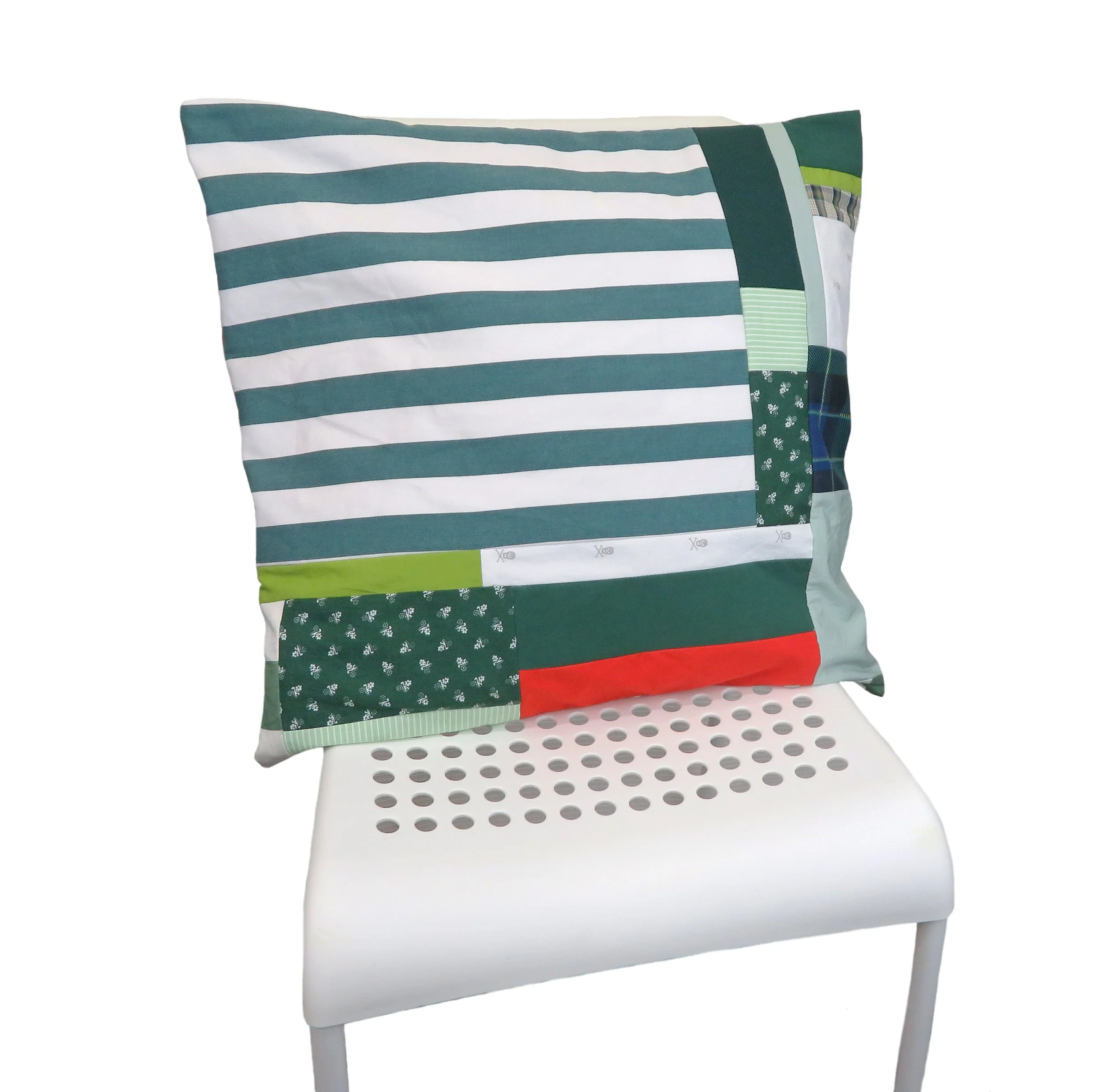 RESERVED Green Stripe, Forest Green and Orange Patchwork Pillow Cover (Pillow not included)