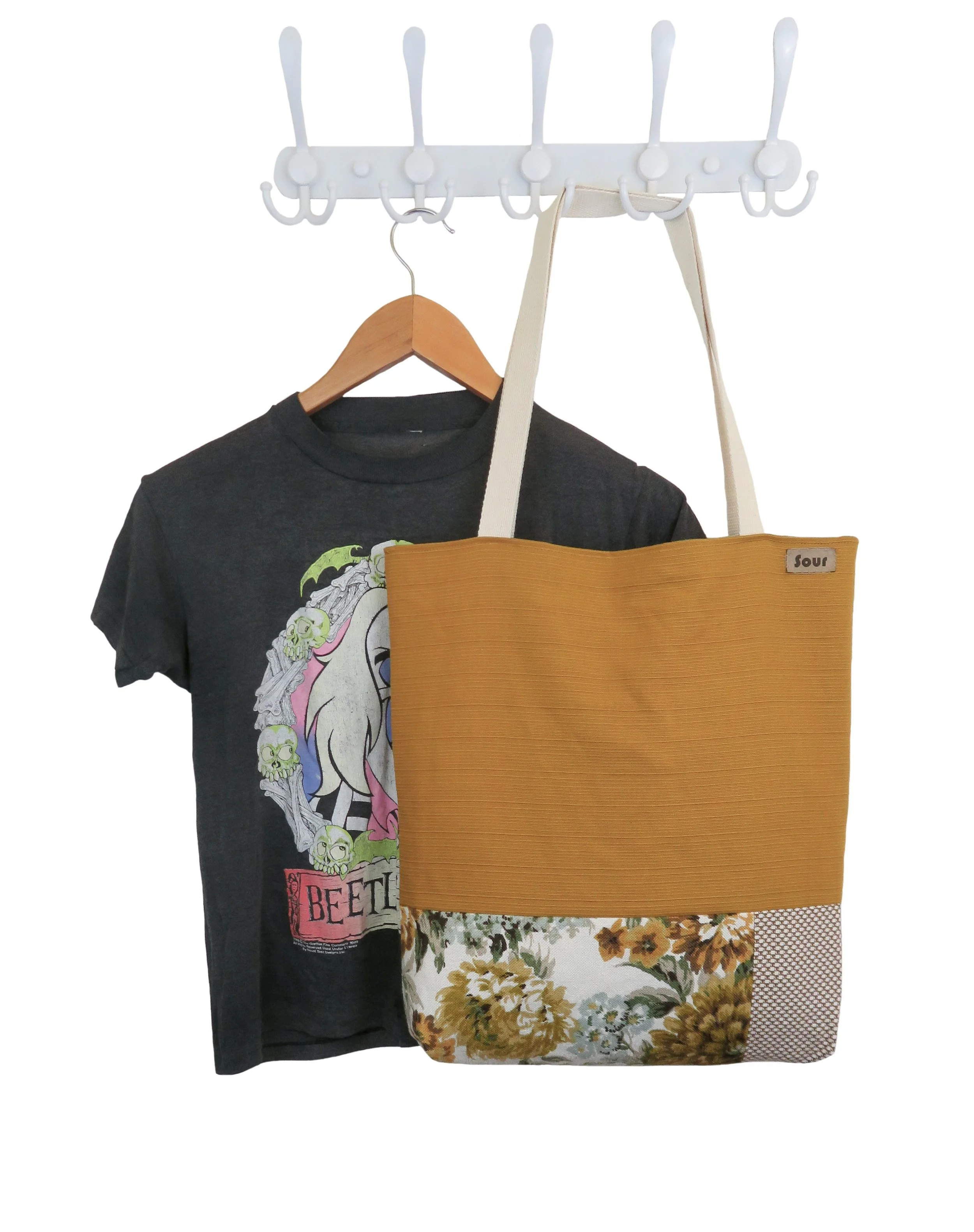 All Tied Up On The Inside// Amber, Retro Floral Upholstery and Brown Print Tote Bag
