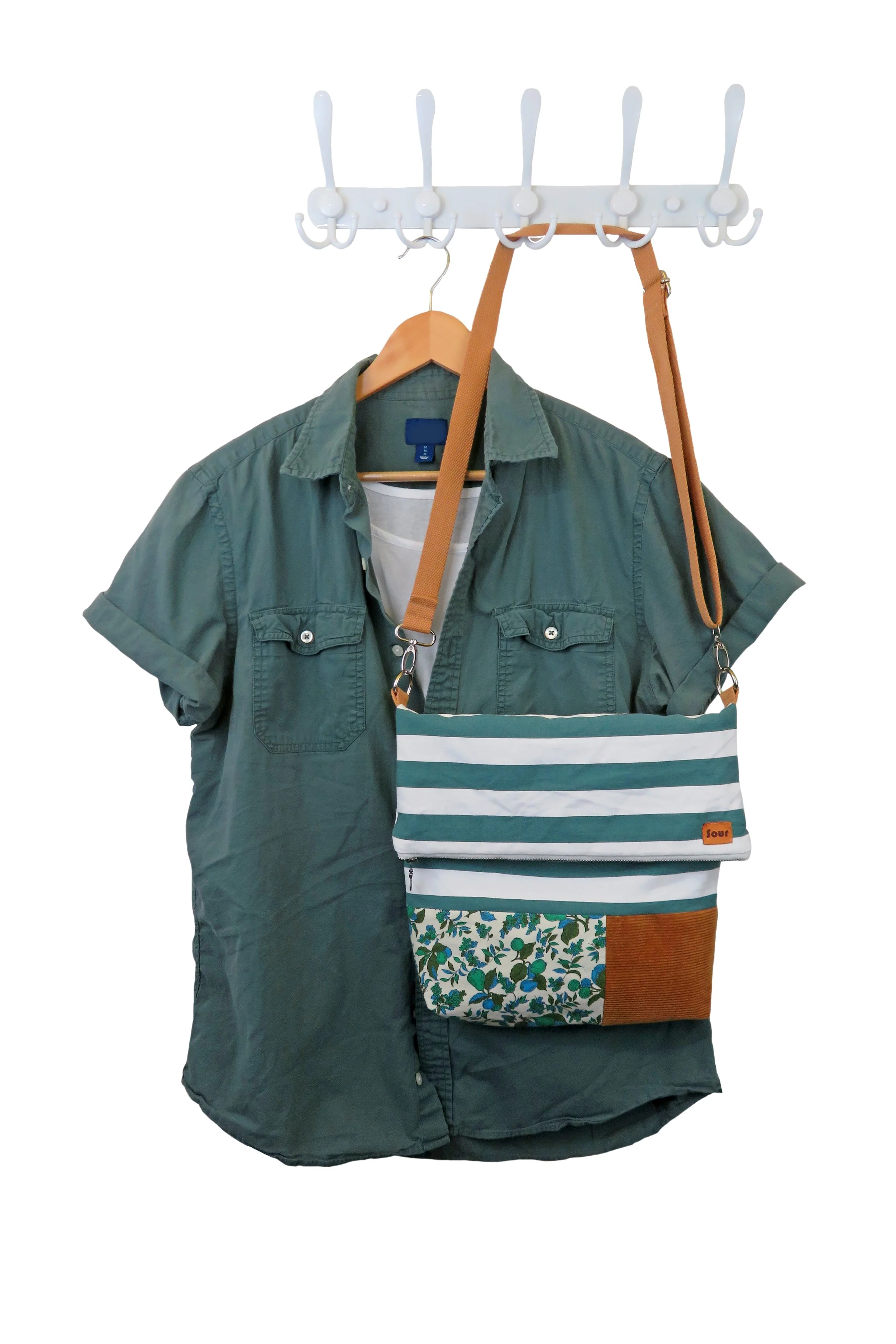 Break At The Bend// Green Stripe, Vintage Fruit/ Floral Print and Caramel Corduroy Fold Over Crossbody Bag