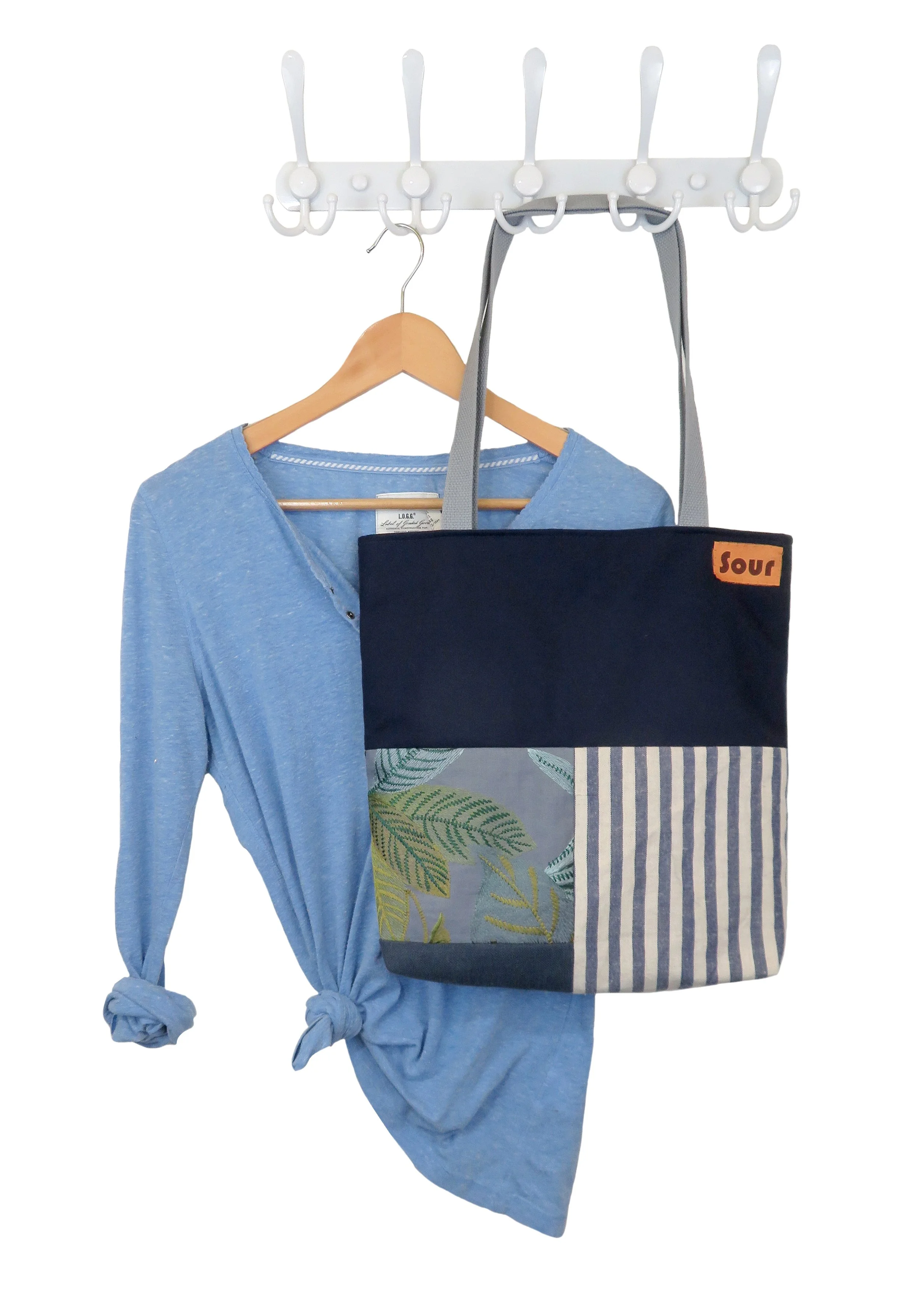 Break At The Bend// Dark Navy Blue, Tropical Leaf and Blue Striped Patchwork Tote Bag