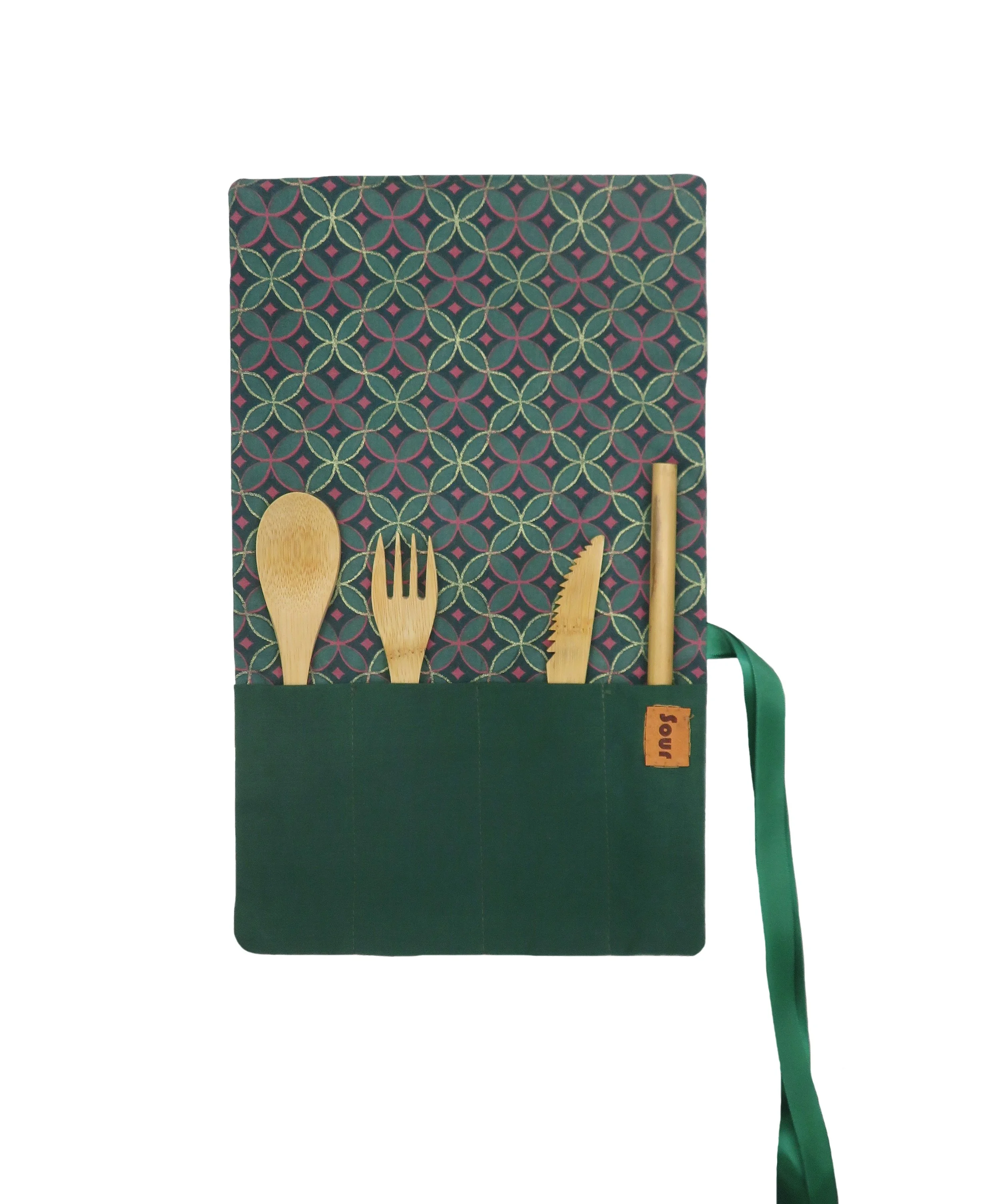 Everybody's All Right // Green Kaleidoscope Cutlery Wrap with green ribbon