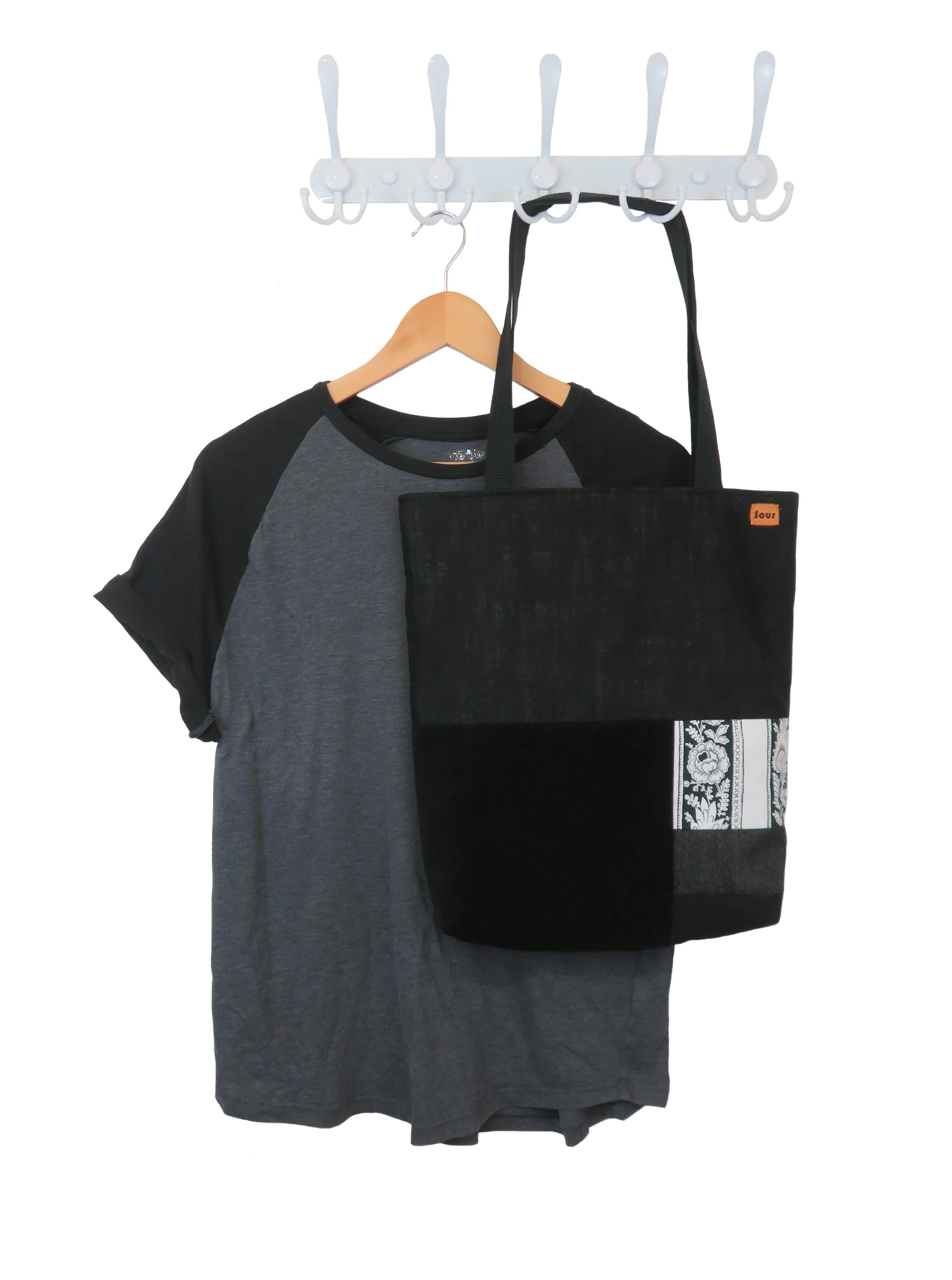 Break At The Bend// Faded Black Patchwork, Haunting Floral Fabric and Black Corduroy Tote Bag