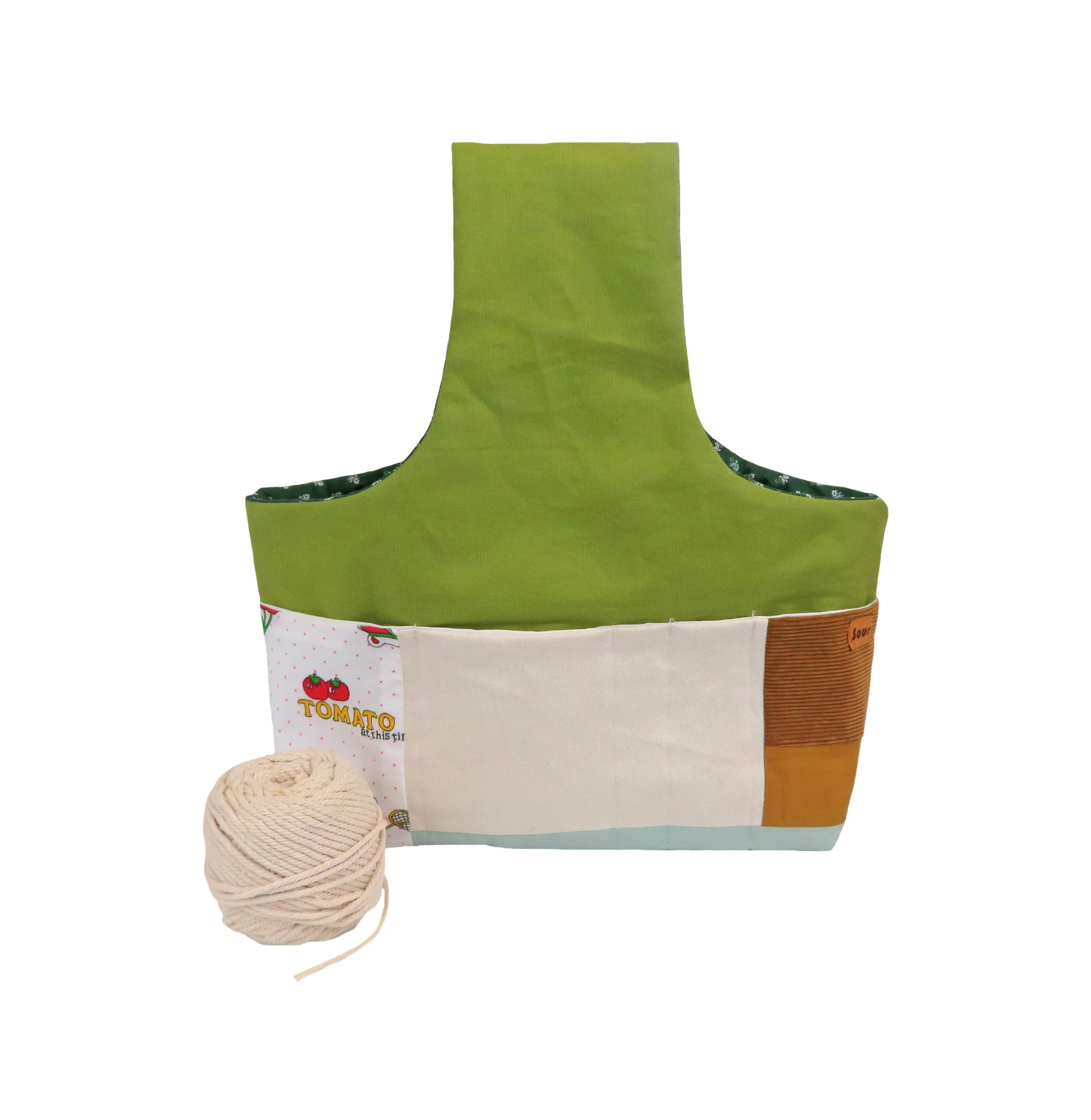 All Tied Up On the Inside// Olive Green Canvas, Cutesy Print, Caramel Corduroy, Aqua and Green Project Tote