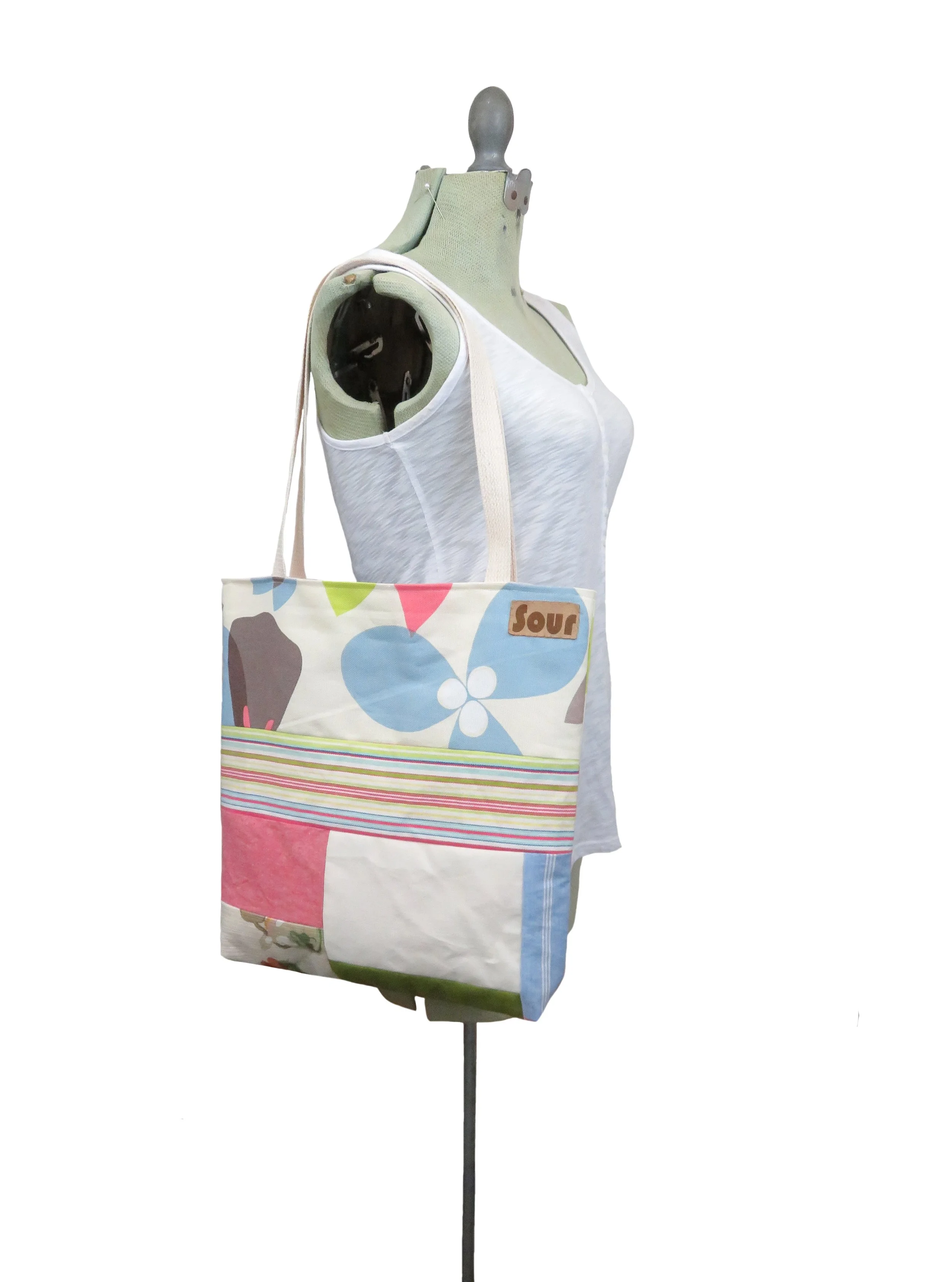 Everybody's All Right// Pink, Light Blue and Olive Green Patchwork Tote Bag
