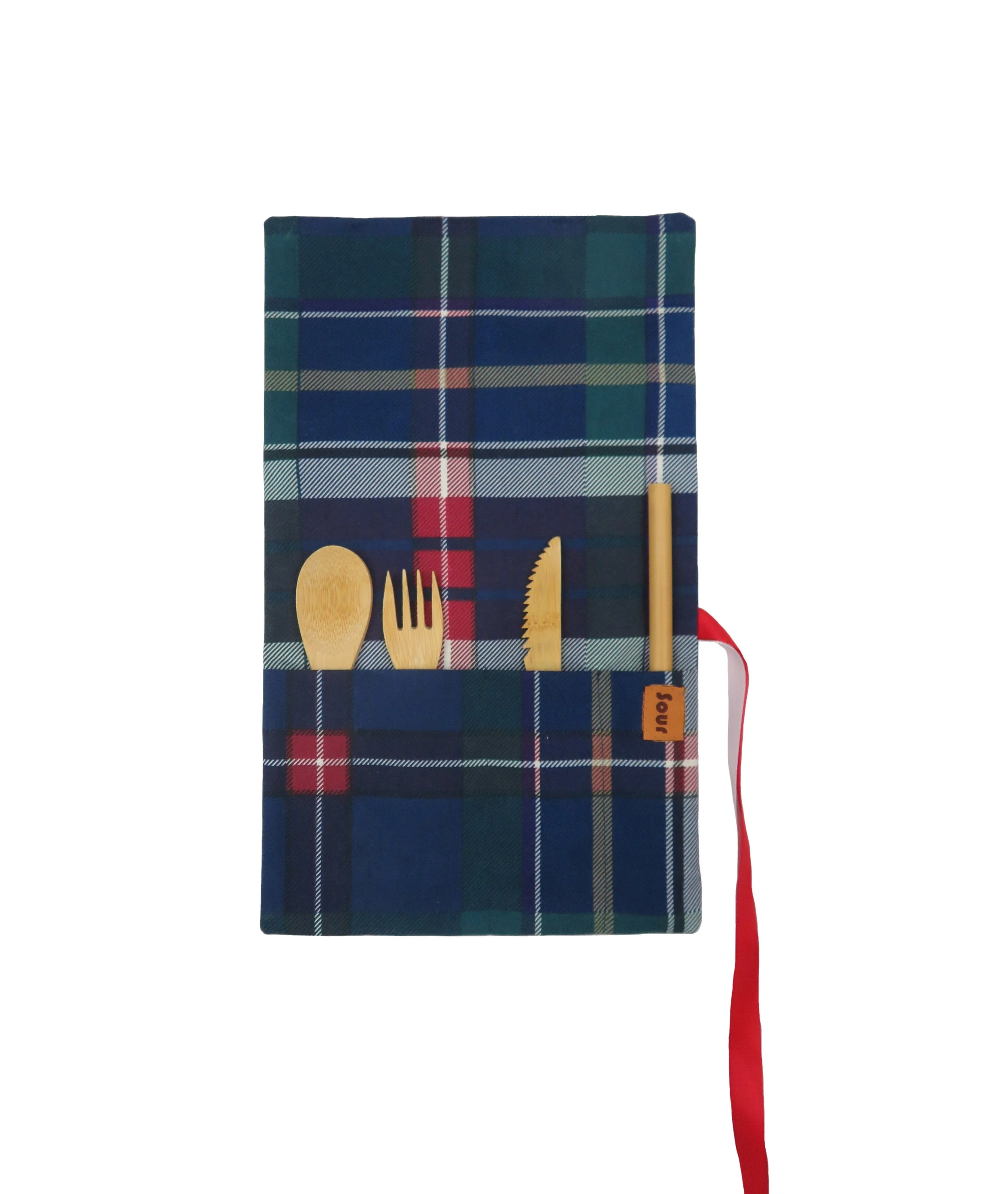 Everybody's All Right// Blue, Green and Red Plaid Cutlery Wrap with red and white ribbon