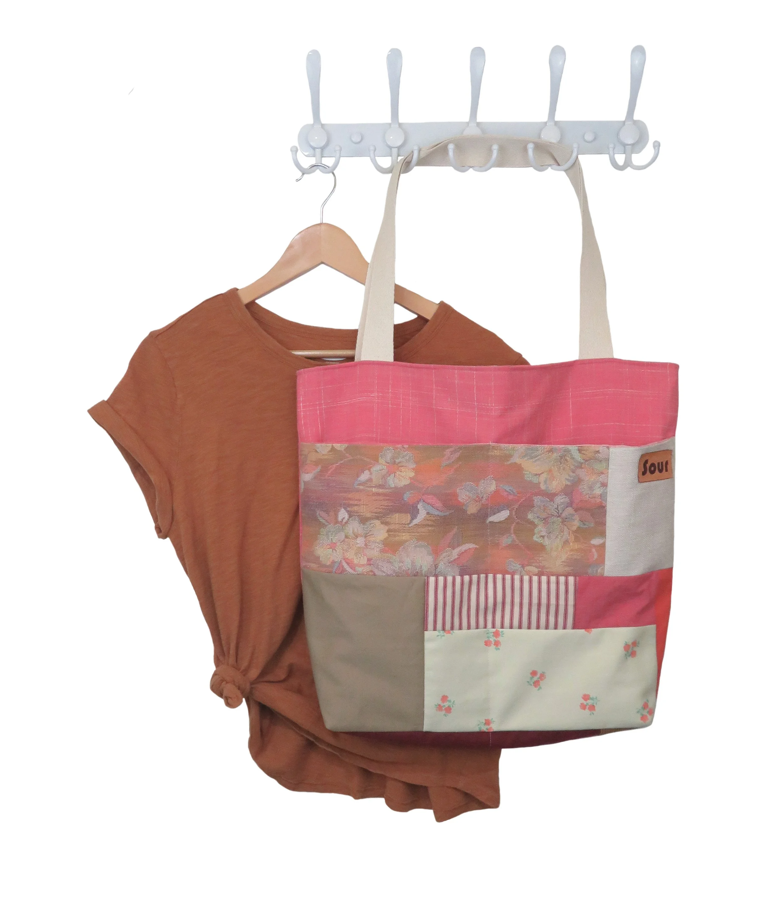 Break At The Bend// Coral Pink and Floral Tapestry, Stripes and Tan Patchwork Market Tote Bag