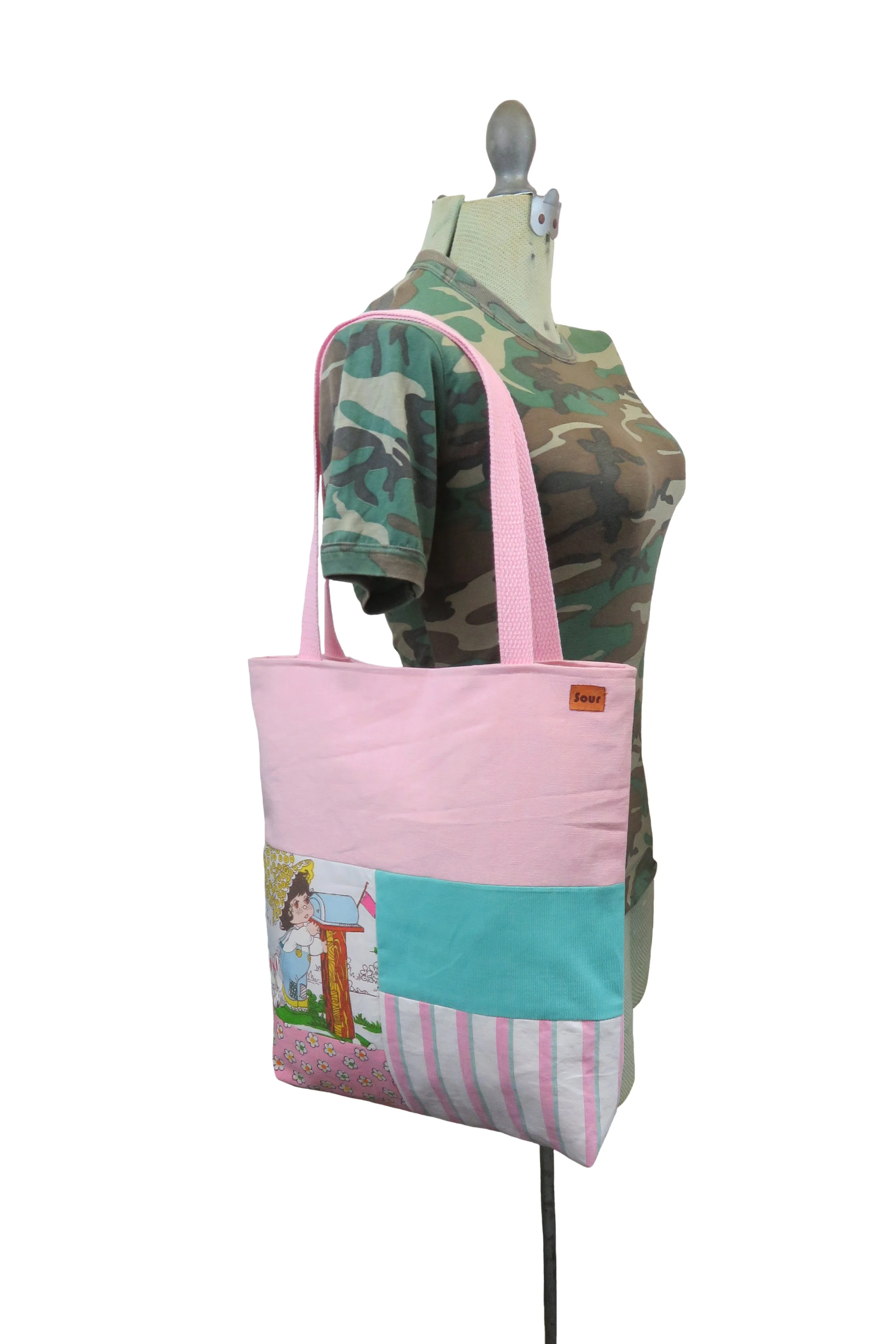 Everybody's All Right// Bubblegum Pink, Aqua Corduroy and Vintage Big Eye Kid Print Tote Bag