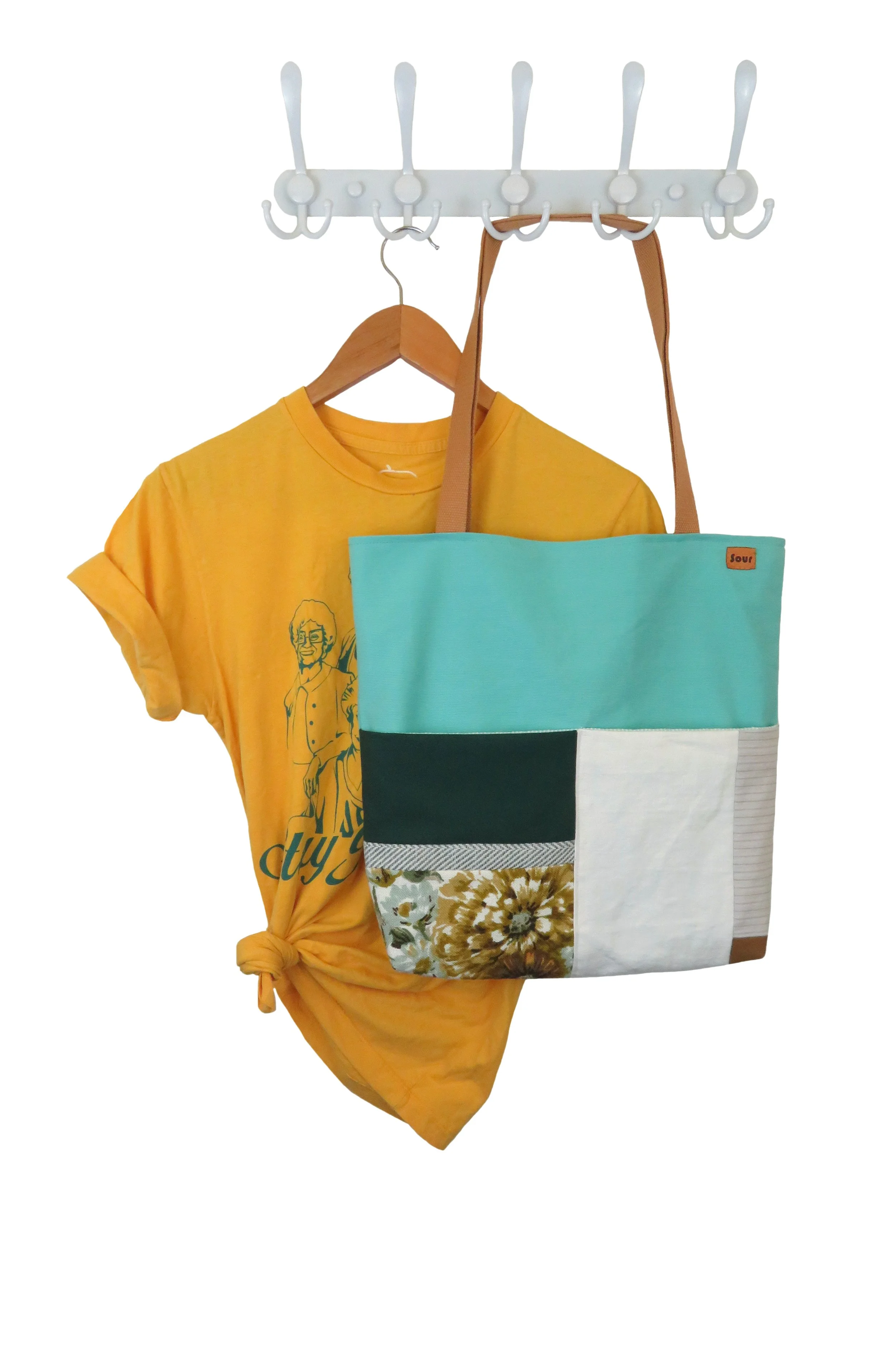 Everybody's All Right// Aqua Corduroy, Vintage Floral Tapestry, Forest Green Patchwork Tote Bag