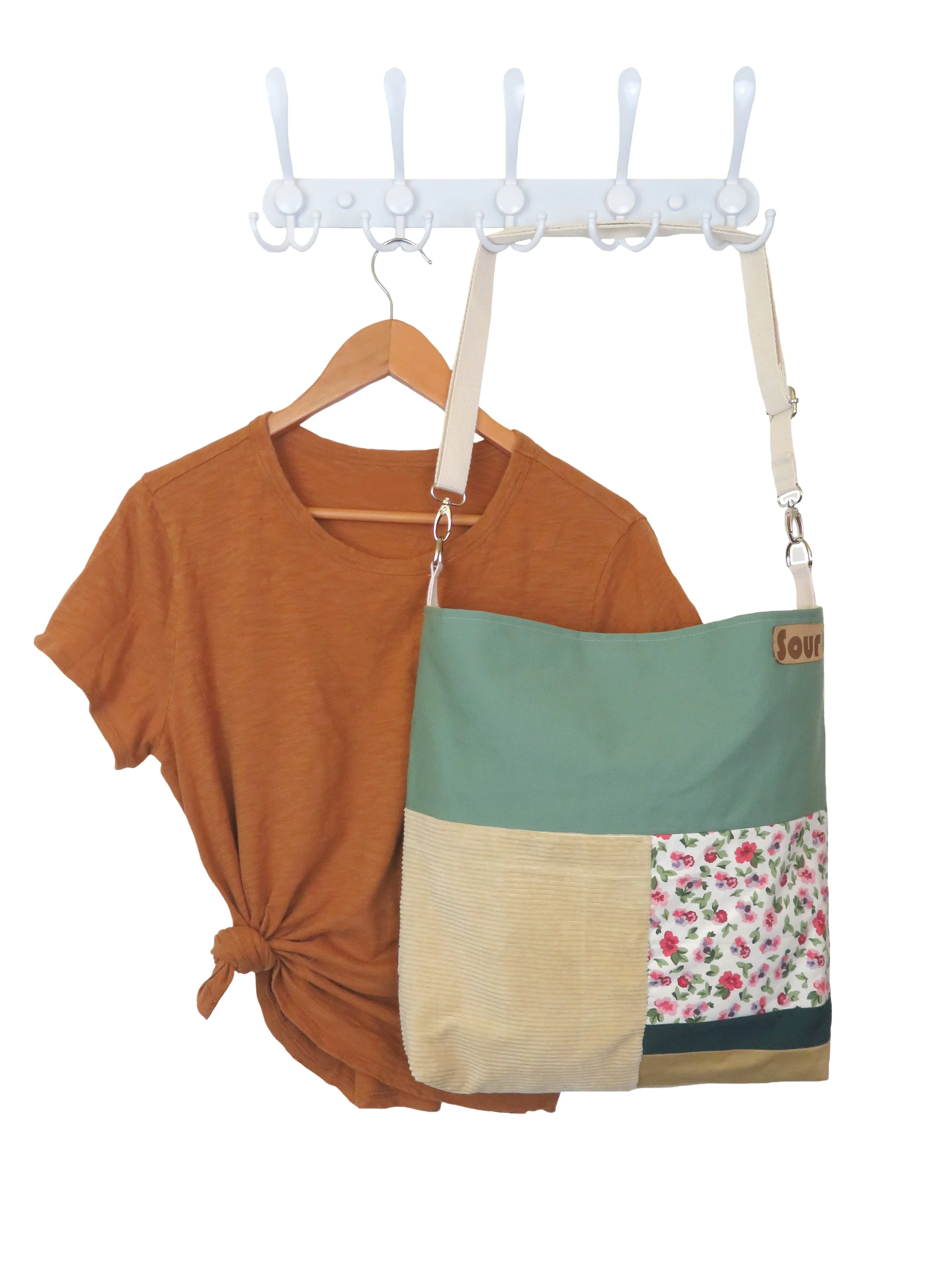 All Tied Up On The Inside// Green, Corduroy, Floral, Forest Green and Tan Crossbody Bag