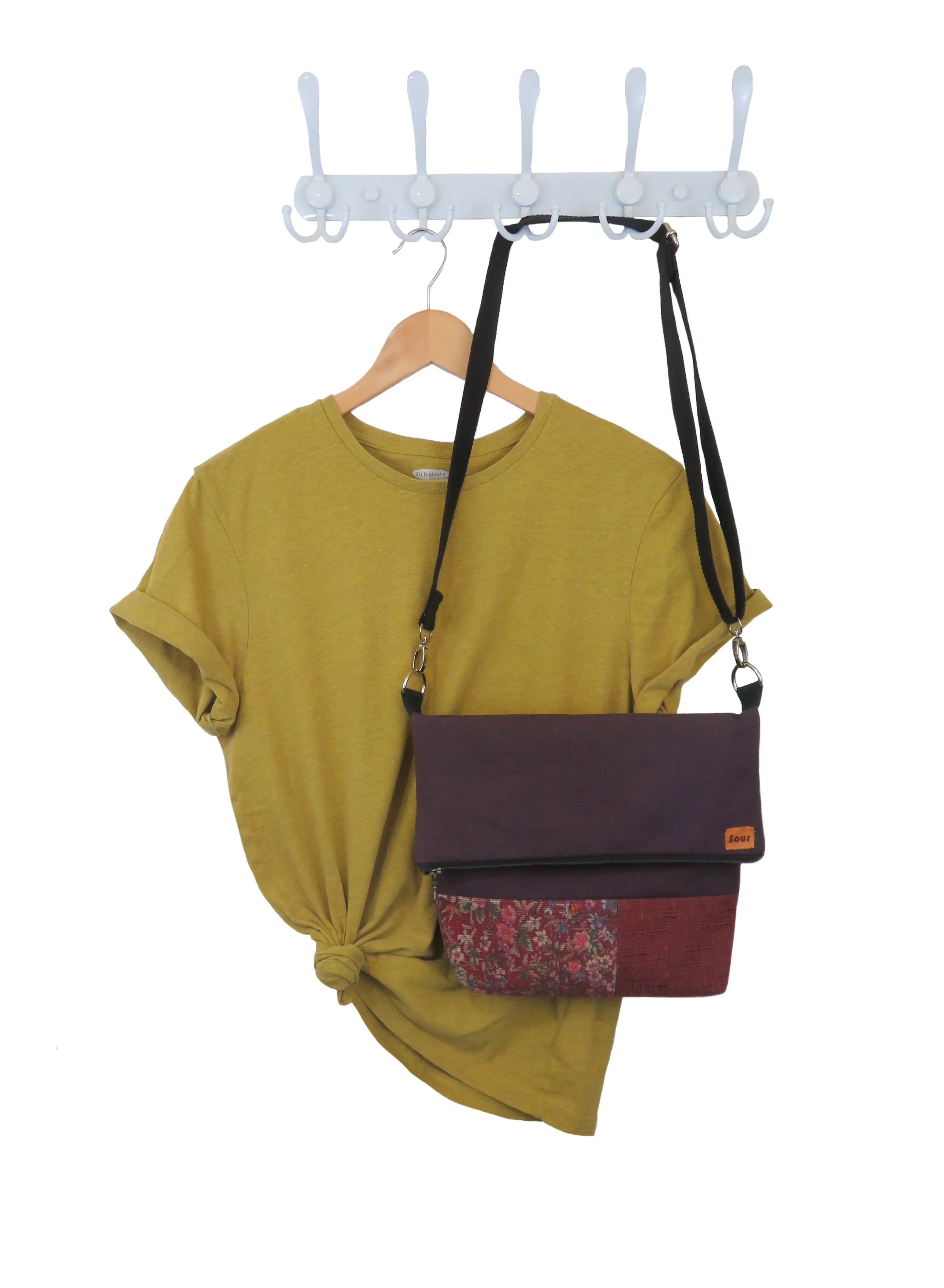 Break At The Bend// Dark Plum, Floral Corduroy and Rust Brown Textured Fabric Fold Over Crossbody Bag