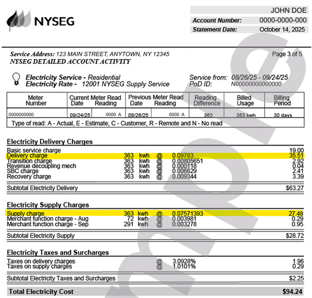 A screenshot from NYSEG's website of a sample bill.