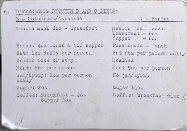 Apartheid-era prison diets on Robben Island, South Africa