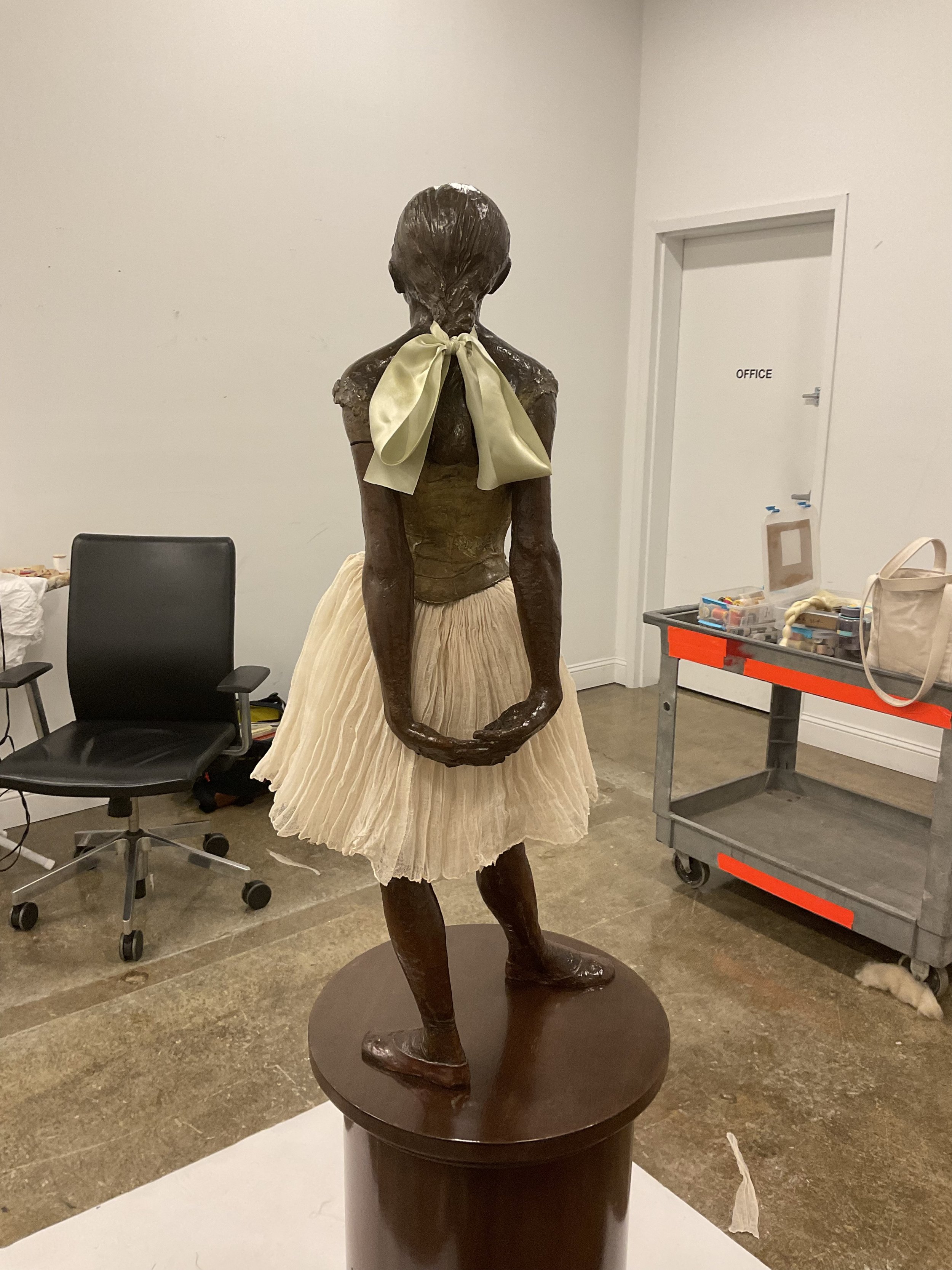  Custom cotton tarlatan tutu and custom dyed ribbon fabricated for Little Dancer sculpture by Edgar Degas. 