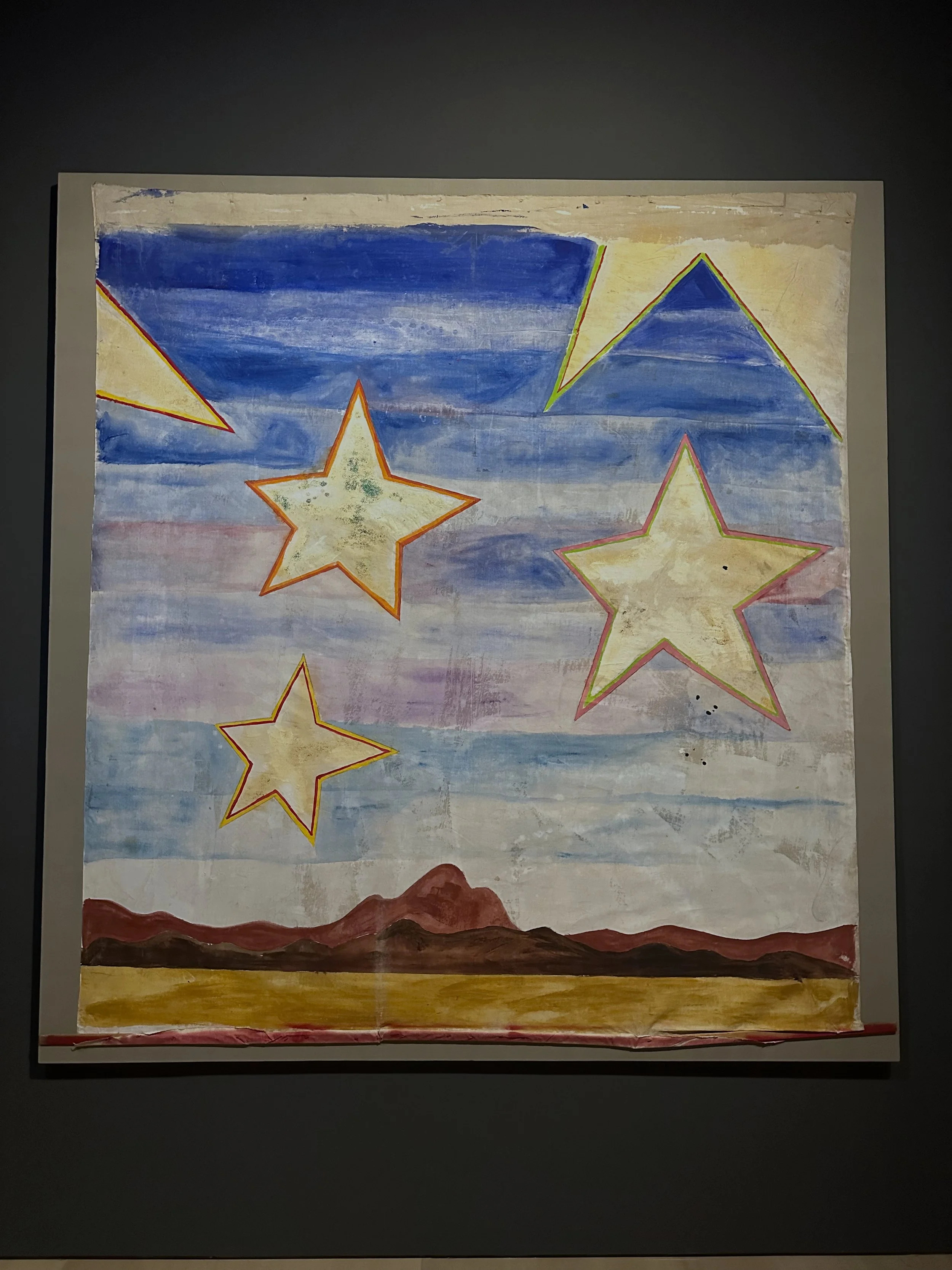  Painted back drop by Paul Thek measuring 10’ x 10’. Conserved and mounted on a linen covered strainer. 