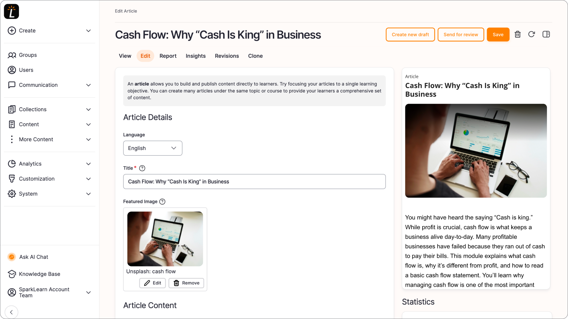 A screenshot of creating/editing an article in the redesigned admin experience.