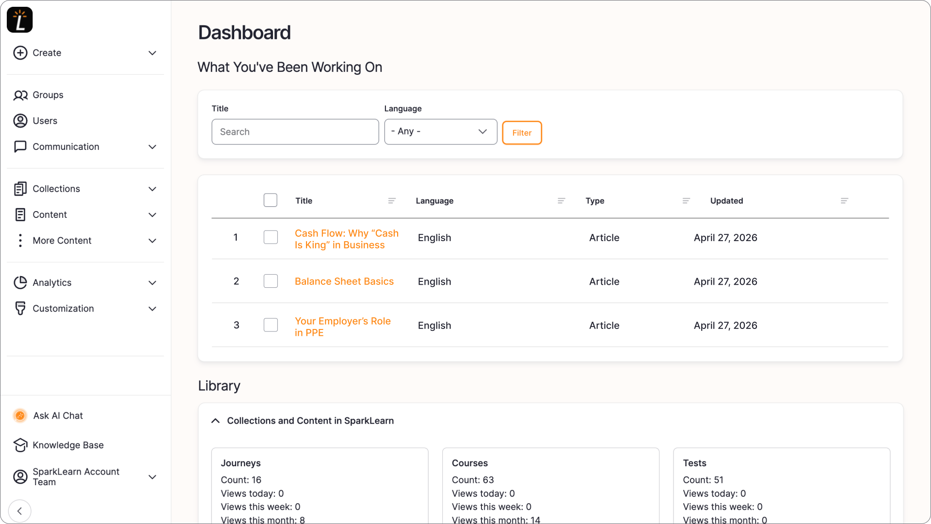 A screenshot of SparkLearn's new admin dashboard with updated UI.