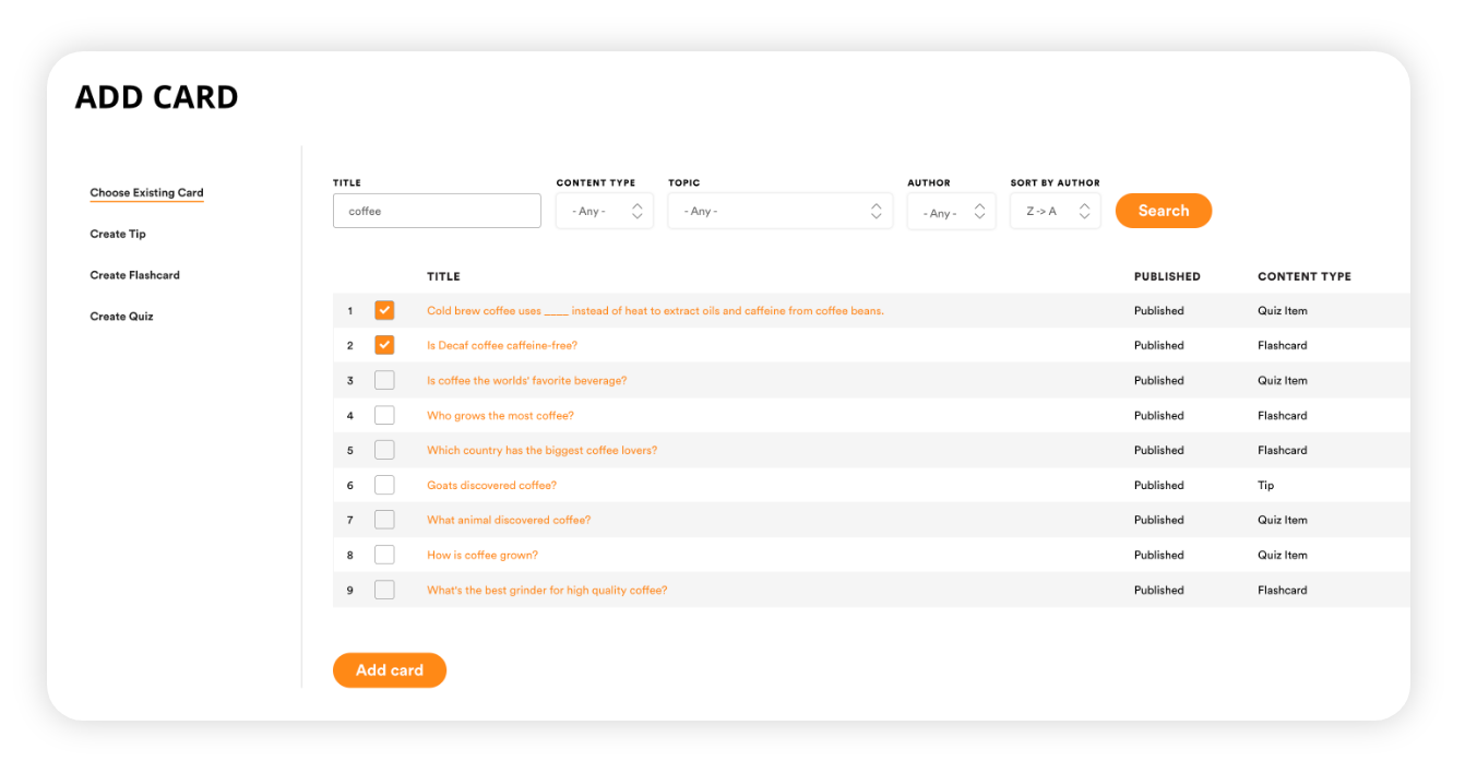 Choosing cards to add to articles