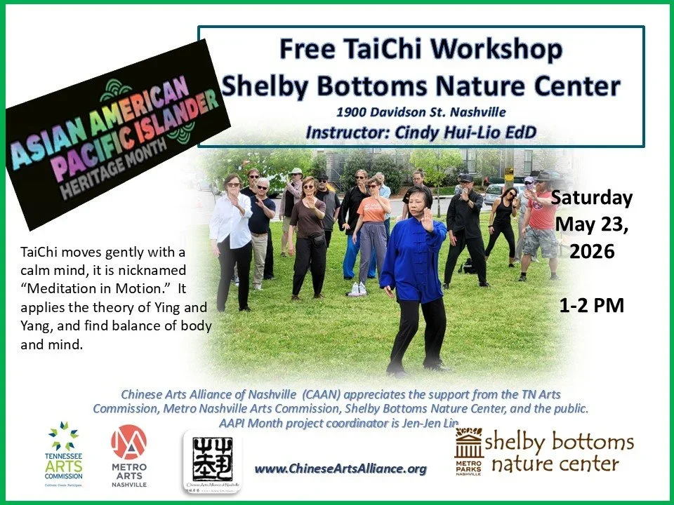 Celebrating the AAPI Month in May,  a free TaiChi Workshop will be offered at the Shelby Bottoms Nature Center on Sat. May 23, at 1 PM