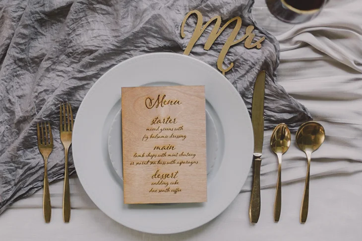 Wood engraved menus made for a style shoot with A Darling Day Photography .