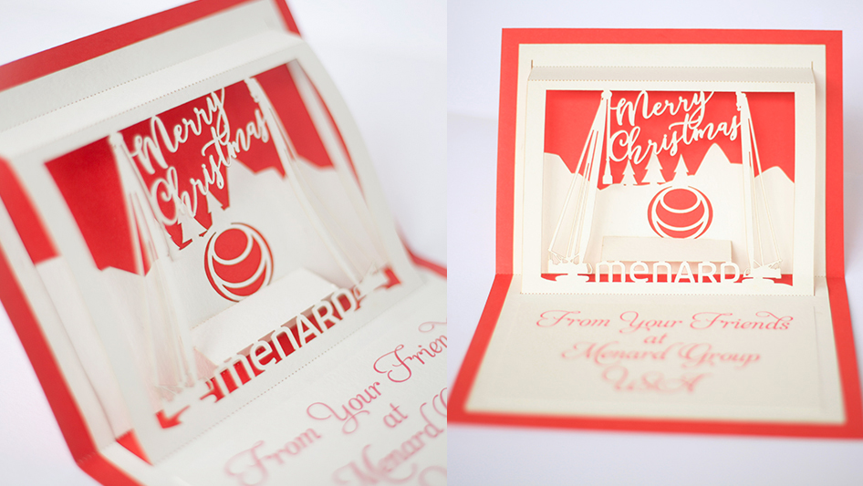 This custom pop up card features the company logo for Menard. How fun!