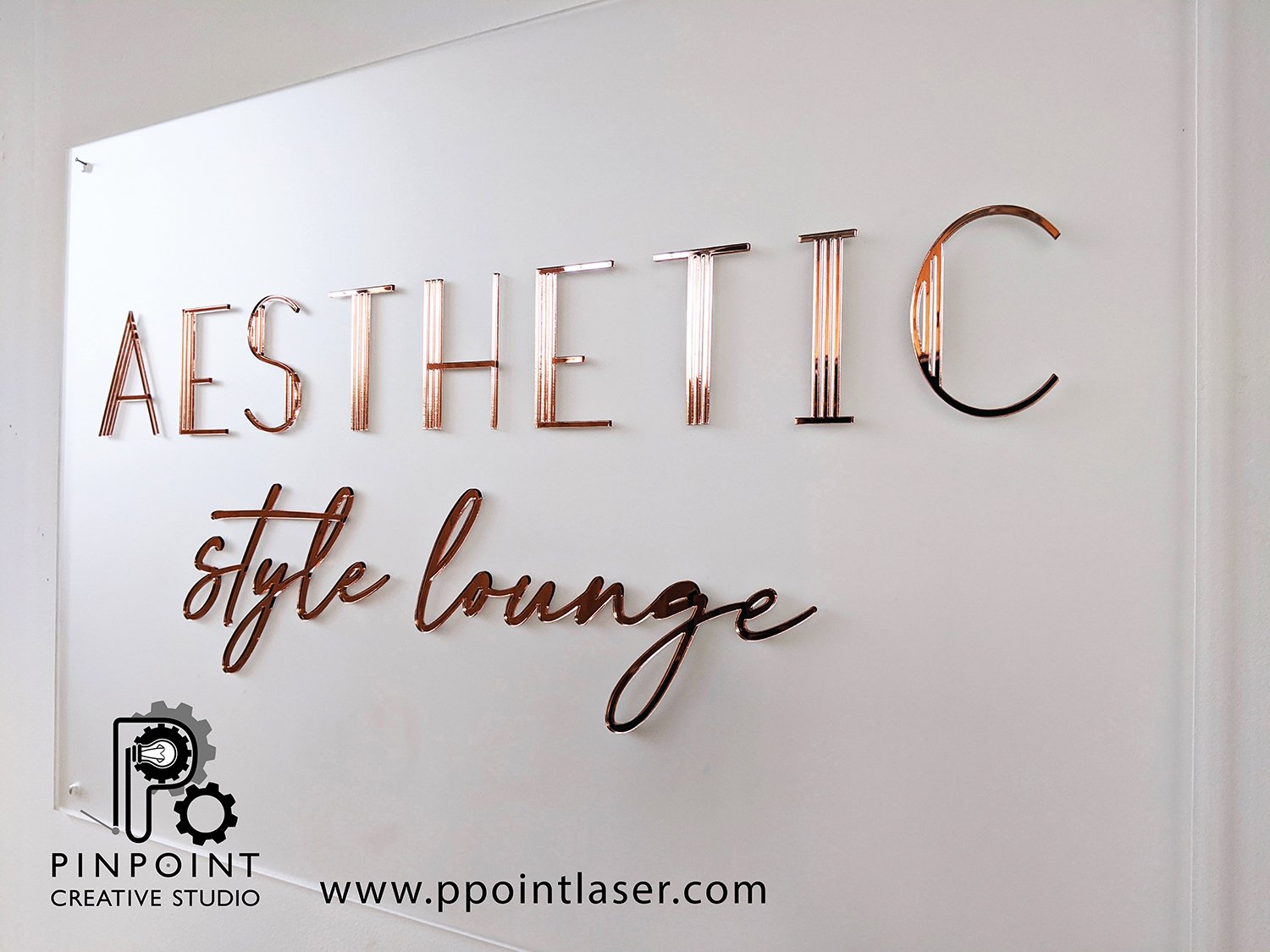 Custom boutique mirrored rose gold business sign mounted to clear frosted  acrylic. Small business — Pinpoint Creative Studio