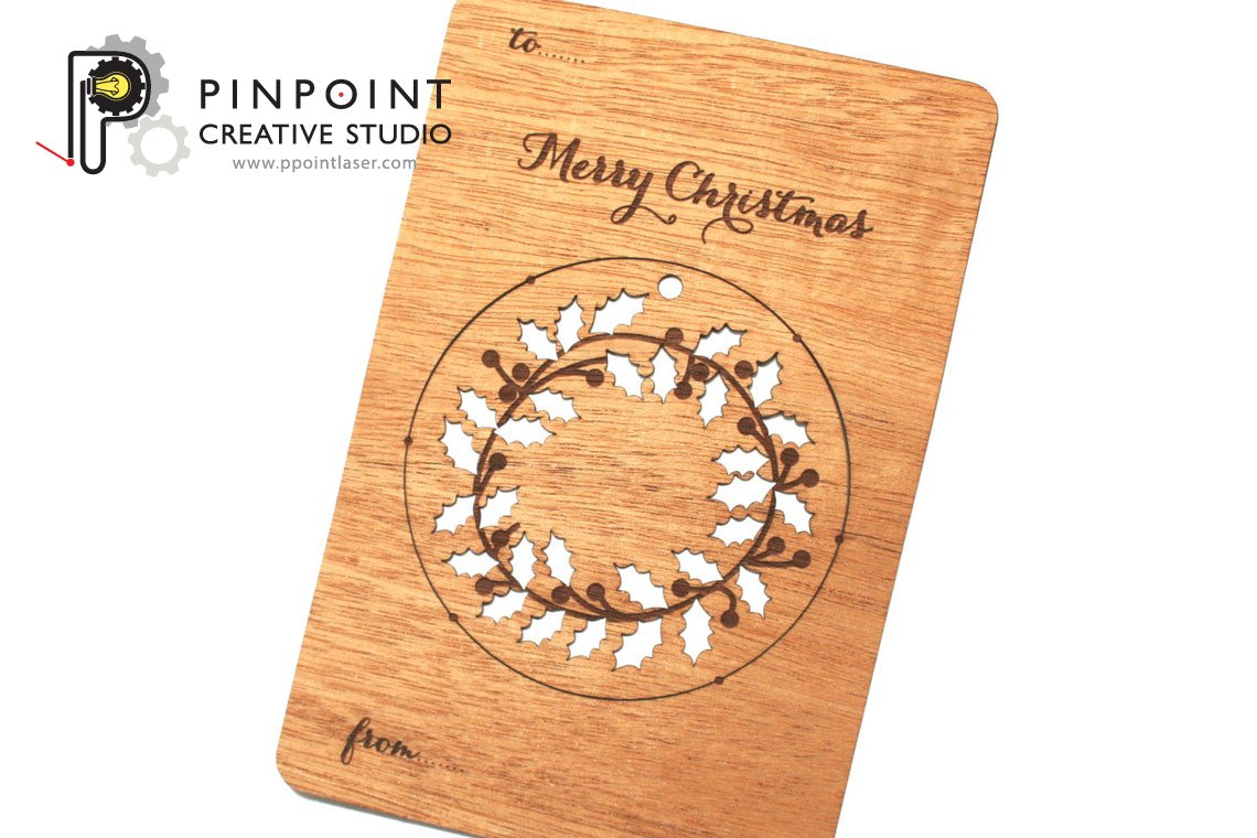 Wood Christmas Wreath Ornament Christmas Card, Laser Cut, Modern Design, Great Present