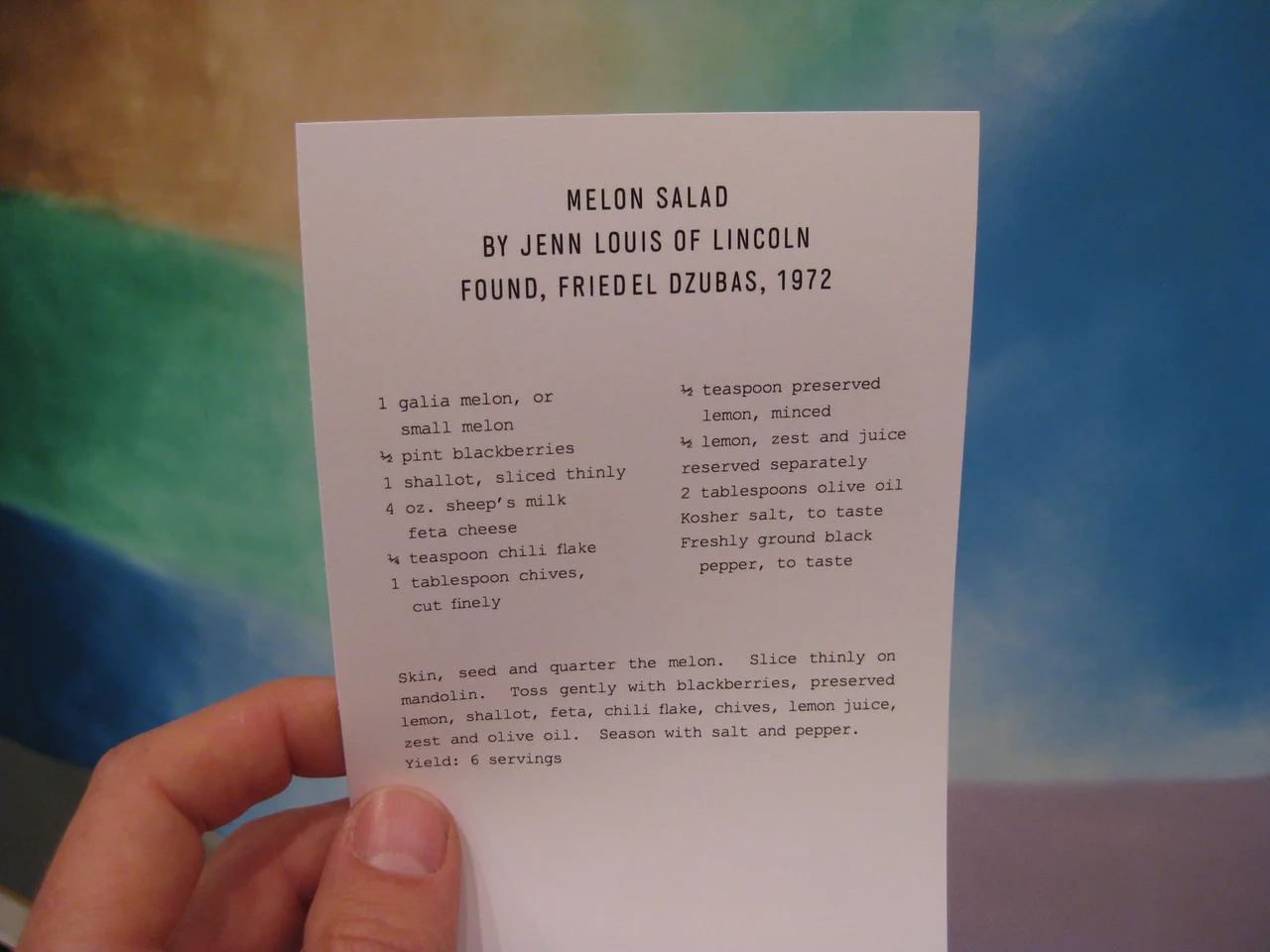 Museum Cookbook, 2012. I collaborated with artist Crystal Baxley to employ 11 local chefs to make recipes based on artworks at the Portland Art Museum. The chefs visited, found artworks, interpreted them into recipes. We situated the recipes next to the corresponding works of art. Visitors could collect them all, requiring them to look deeply throughout the museum, and connect with the artworks on a longer term basis, through the recipes.