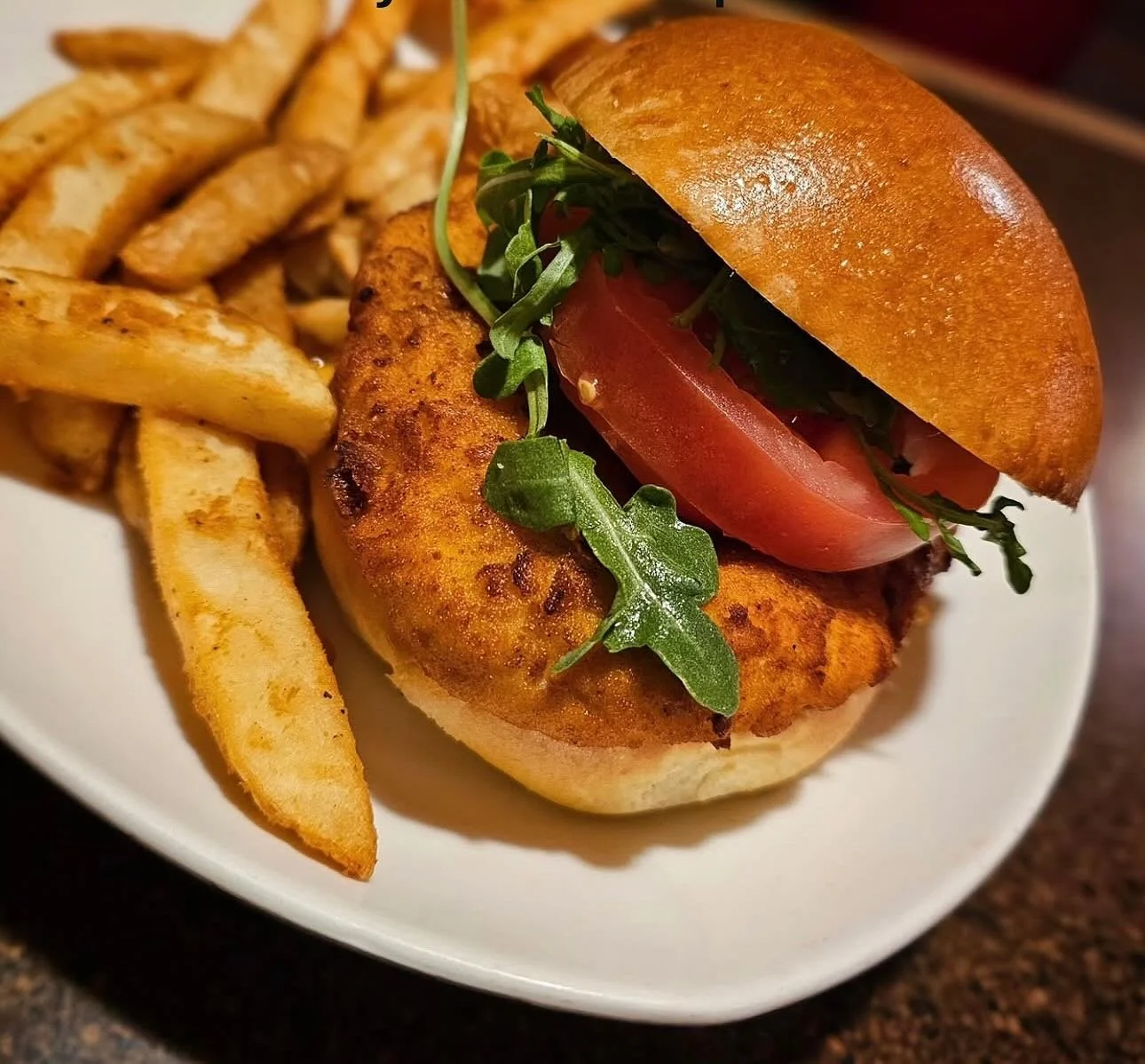 Hot Honey Chicken Sando | Buttermilk Marinated | GF Corn Meal Crust | House Hot Honey |  @lebus_bakery Brioche | Seashore Fries | Baby Rocket @jimsfarmproduce Tomato #tiffanystapandgrill