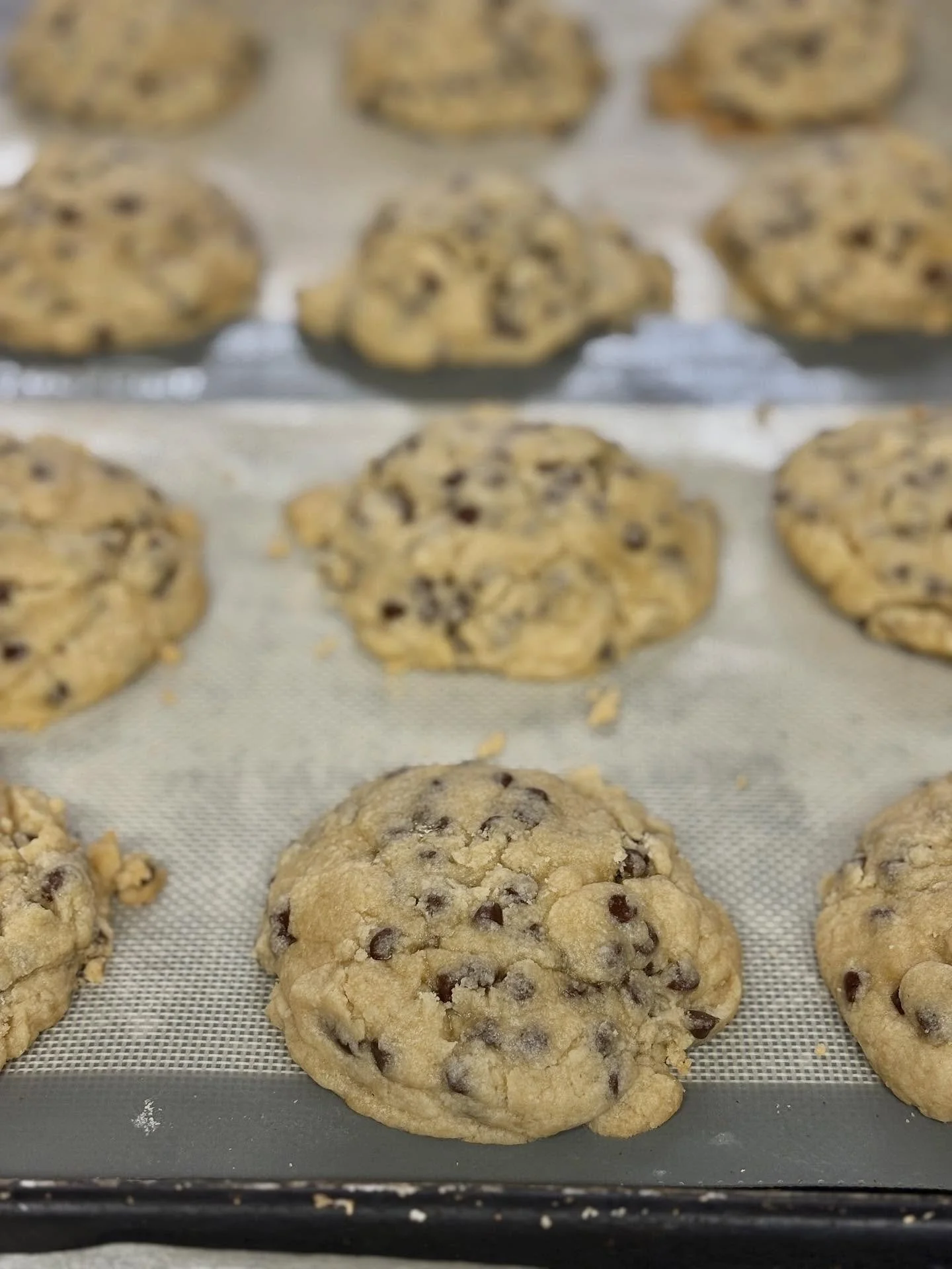 Giant Chocolate Chip Cookies fresh from the oven!  While supply lasts. #tiffanystapandgrill