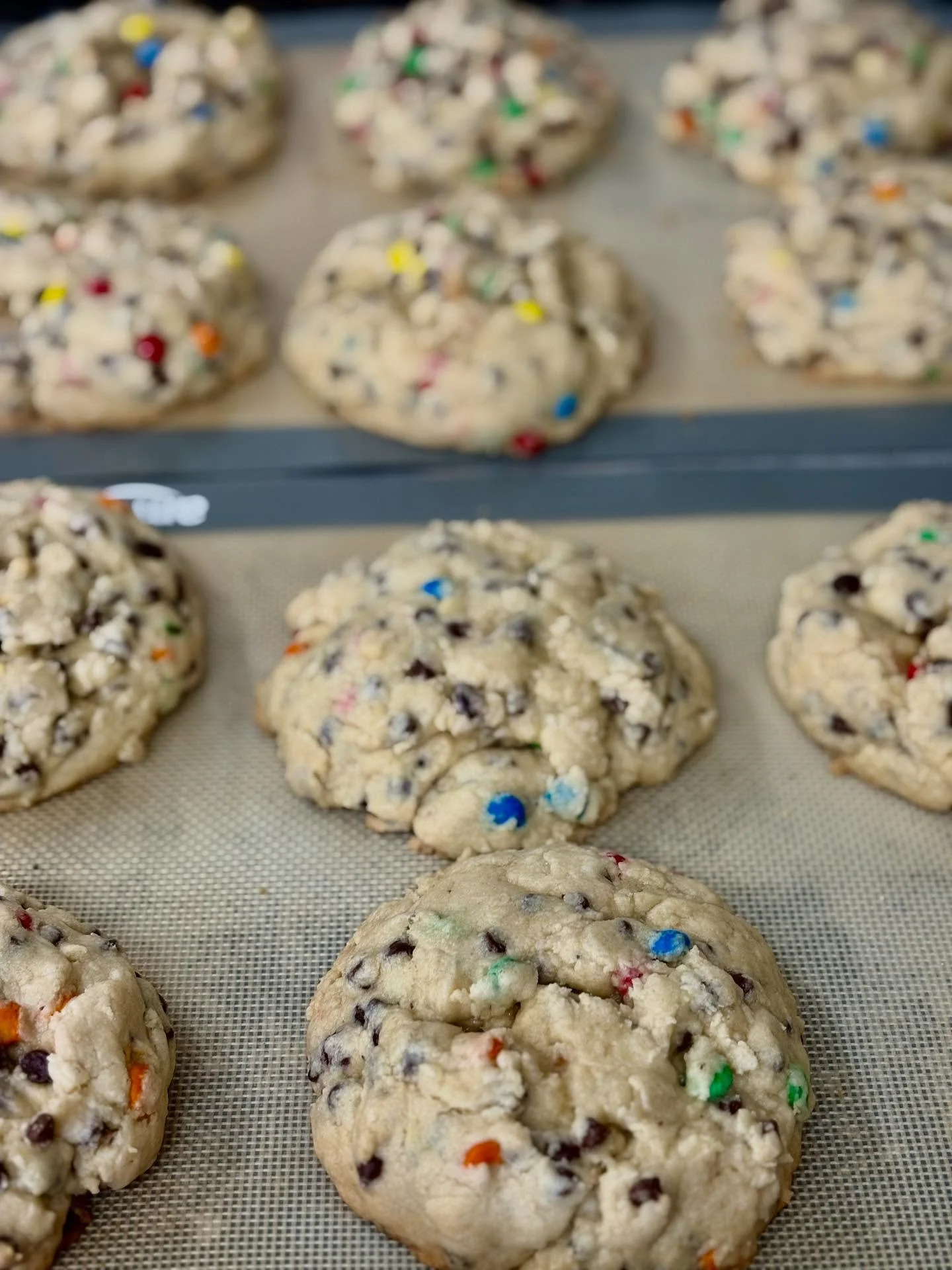 Hot out of the oven. 
Giant 1/2 pound m&amp;m cookies  #tiffanystapandgrill