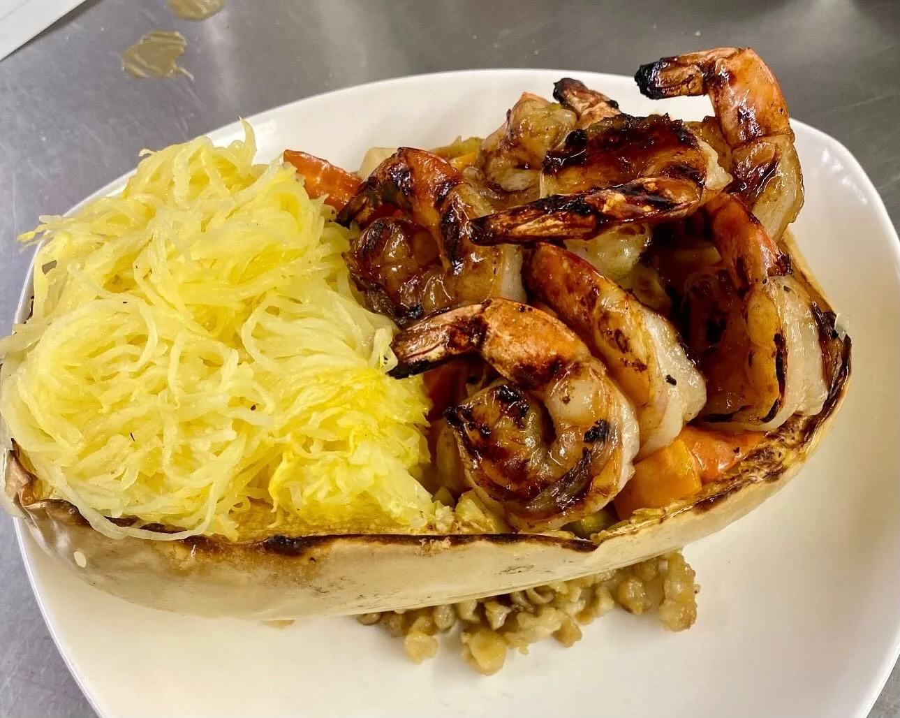 Oktoberfest!  Grilled Shrimp Stuffed Spaghetti Squash with Spatzle. #tiffanystapandgrill