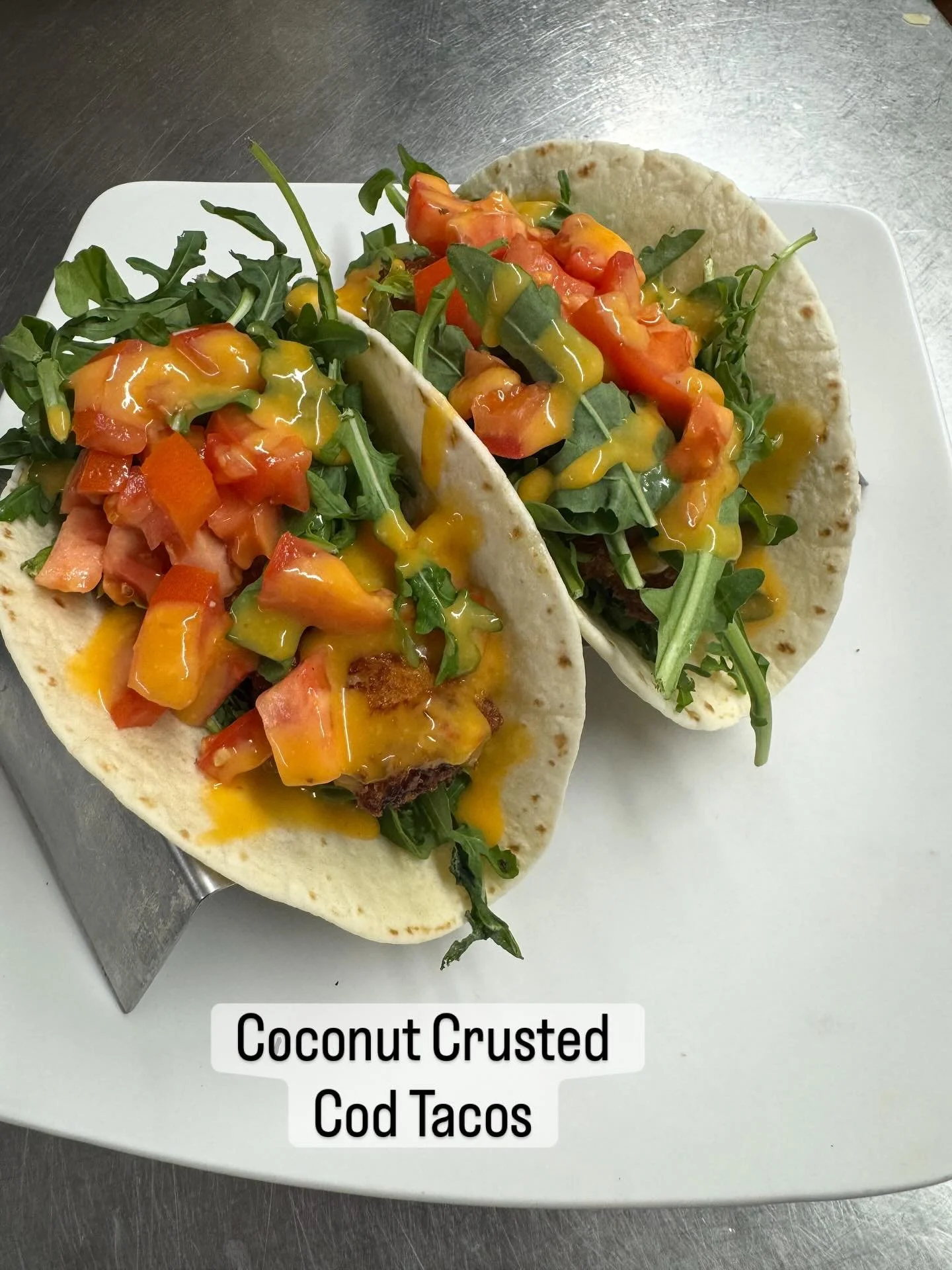 Pretend it&rsquo;s still summer!  Coconut Crusted Cod Tacos with Citrus Coconut Reduction.  #tiffanystapandgrill