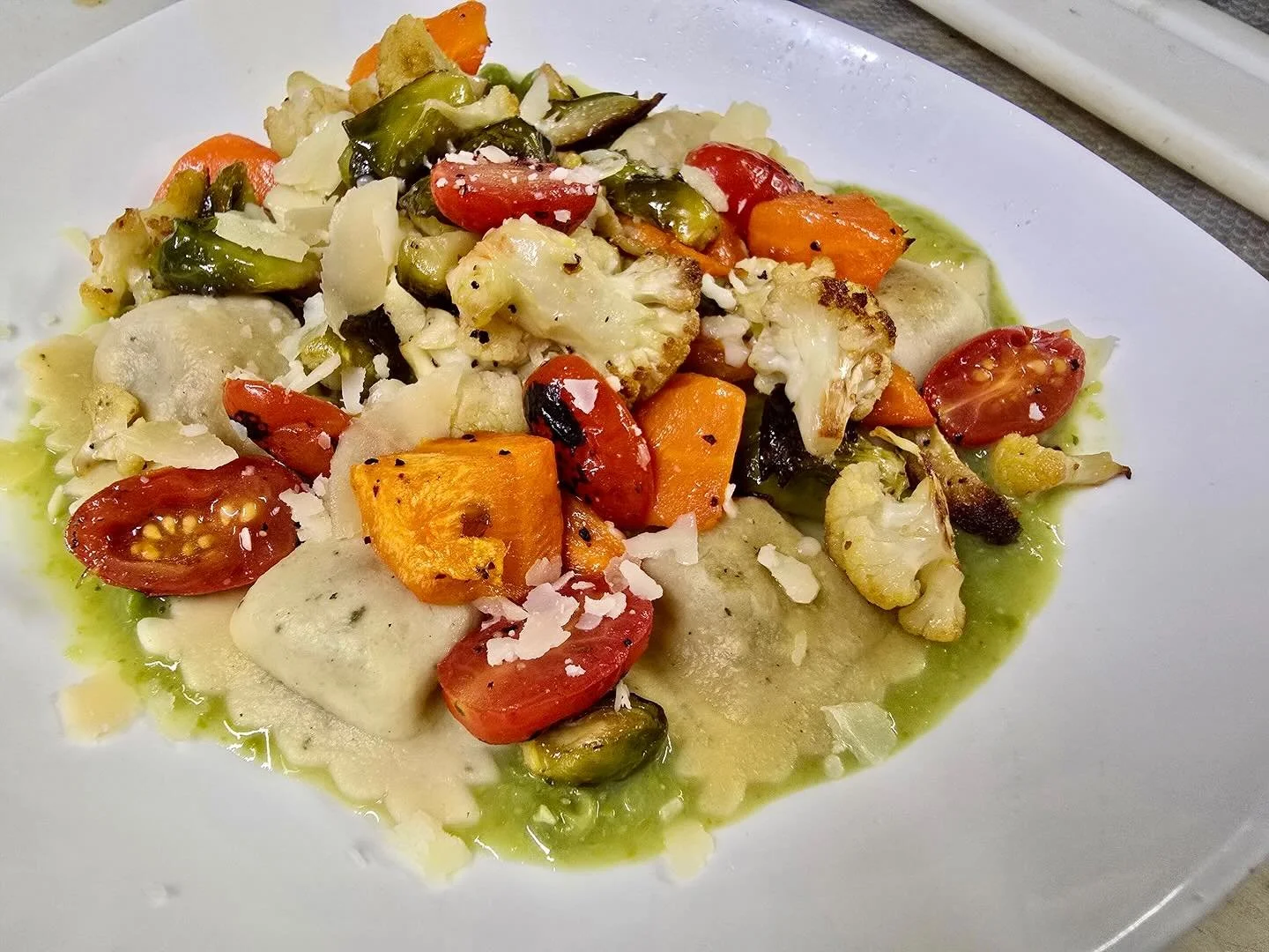 Butternut &amp; Mascarpone Ravioli | Roasted Asparagus | Carrots | Blistered Tomatoes.  #tiffanystapandgrill
