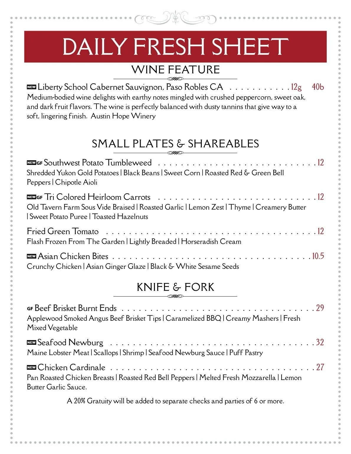 Friday December 5th Fresh Sheet!  #tiffanystapandgrill