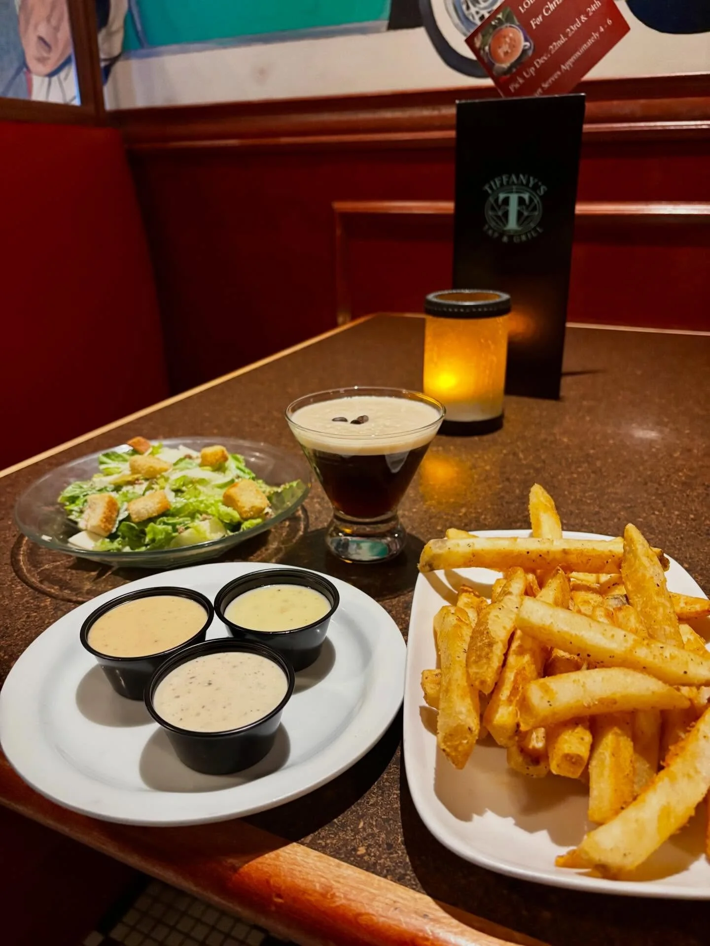 Girl Dinner!  Choice of Martini: Espresso, Dirty or Pear. Small Caesar Salad. Seashore Fry Flight with Garlic Bacon Aioli, Chipotle Cream and Parmesan Cheese Sauce. #tiffanystapandgrill #girldinner