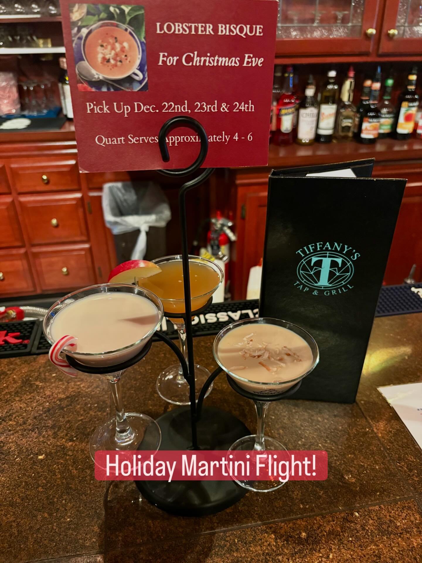 Three 5oz Martini&rsquo;s:
Candy Cane Tini.  Snow Flake Tini.  Elderflower Apple Tini!  #tiffanystapandgrill