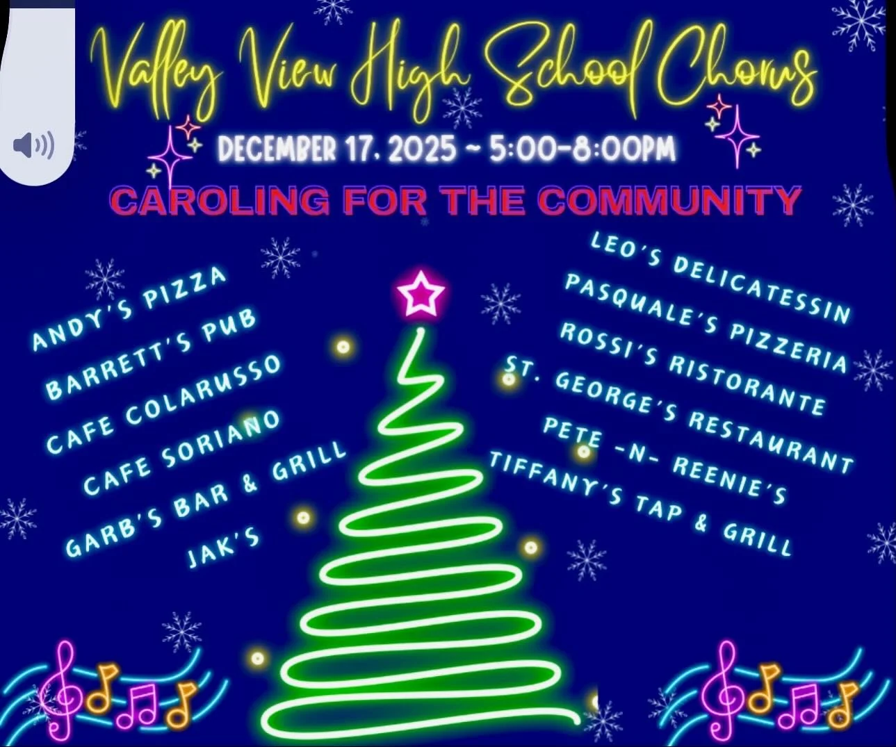 Enjoy the Valley View High School Chorus and Support The Arts!  Approximately 5:20 arrival and caroling!  If you have not been here in the past, rest assured that you don&rsquo;t want to miss it!  Happy Hour 4-6!  #tiffanystapandgrill